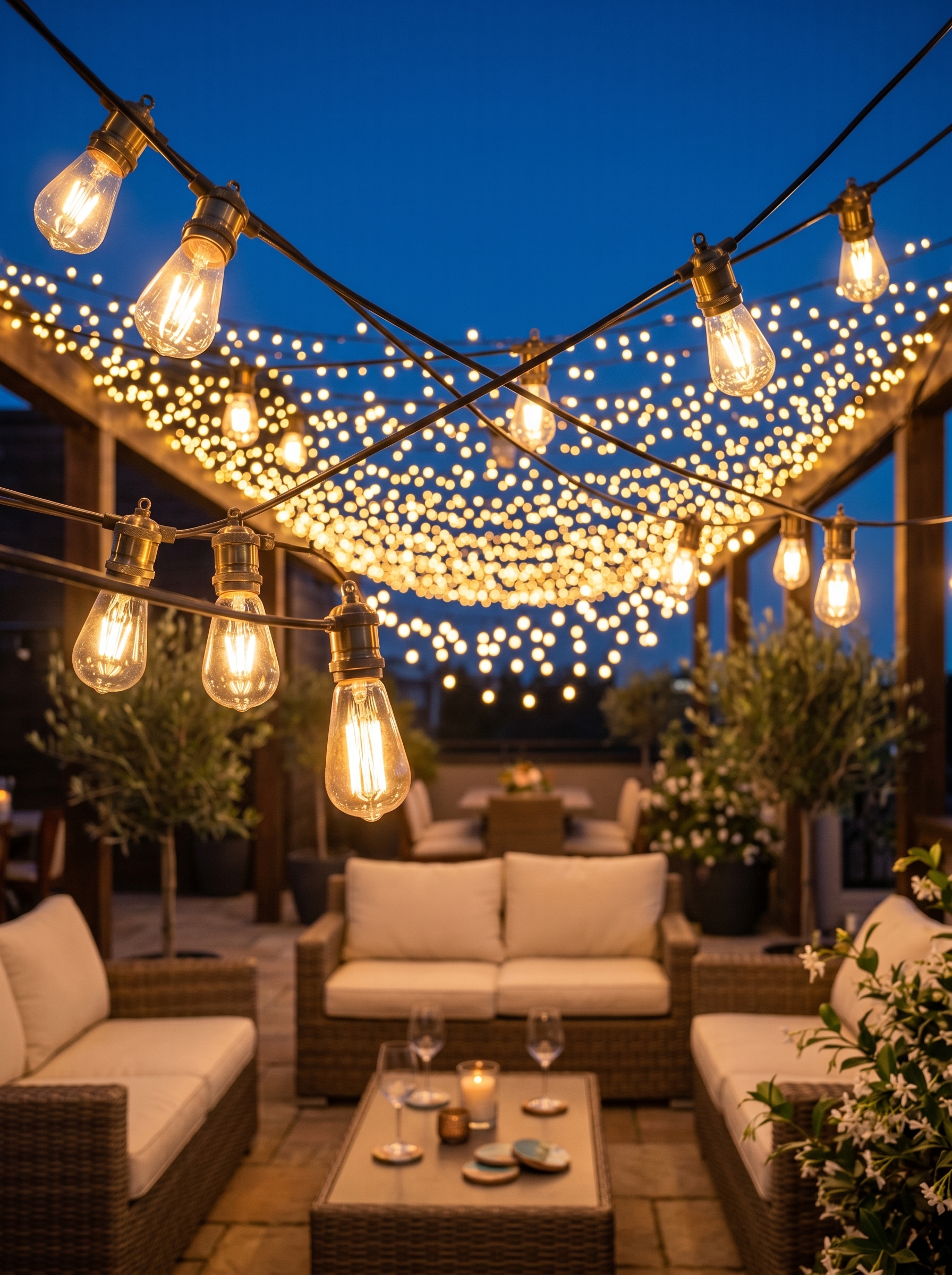 Garden bridge patio lighting with rope lights, illuminated wooden posts, pond reflections, landscape lights, and cozy seating area