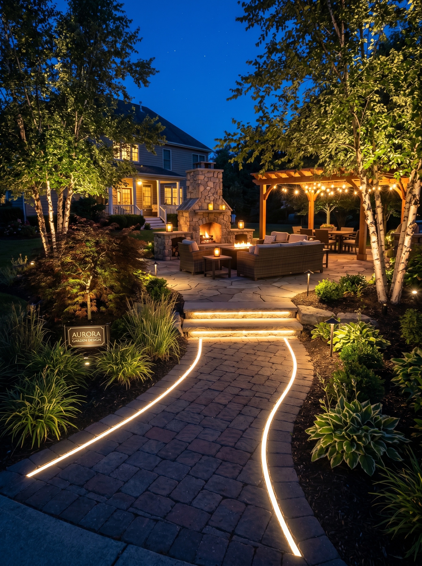 Edison bulb patio lighting with layered string lights, pergola glow, wicker sofa, candlelit table, and cozy outdoor lounge