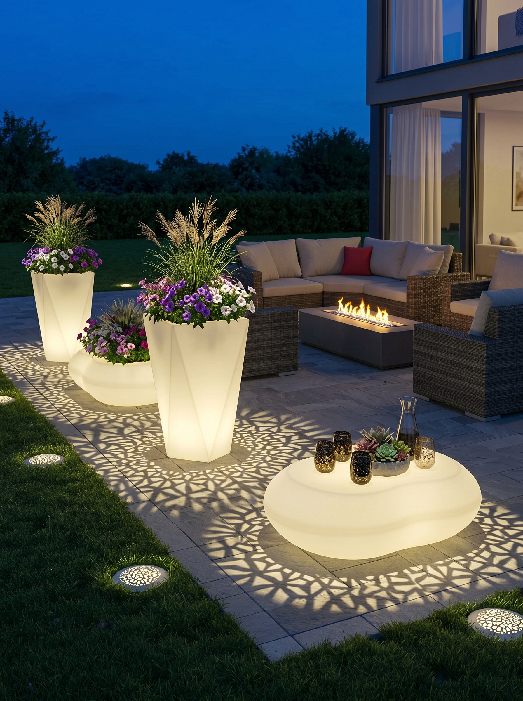 Modern wall sconce patio lighting with textured wall glow, lantern decor, fire feature, desert plants, and outdoor chairs