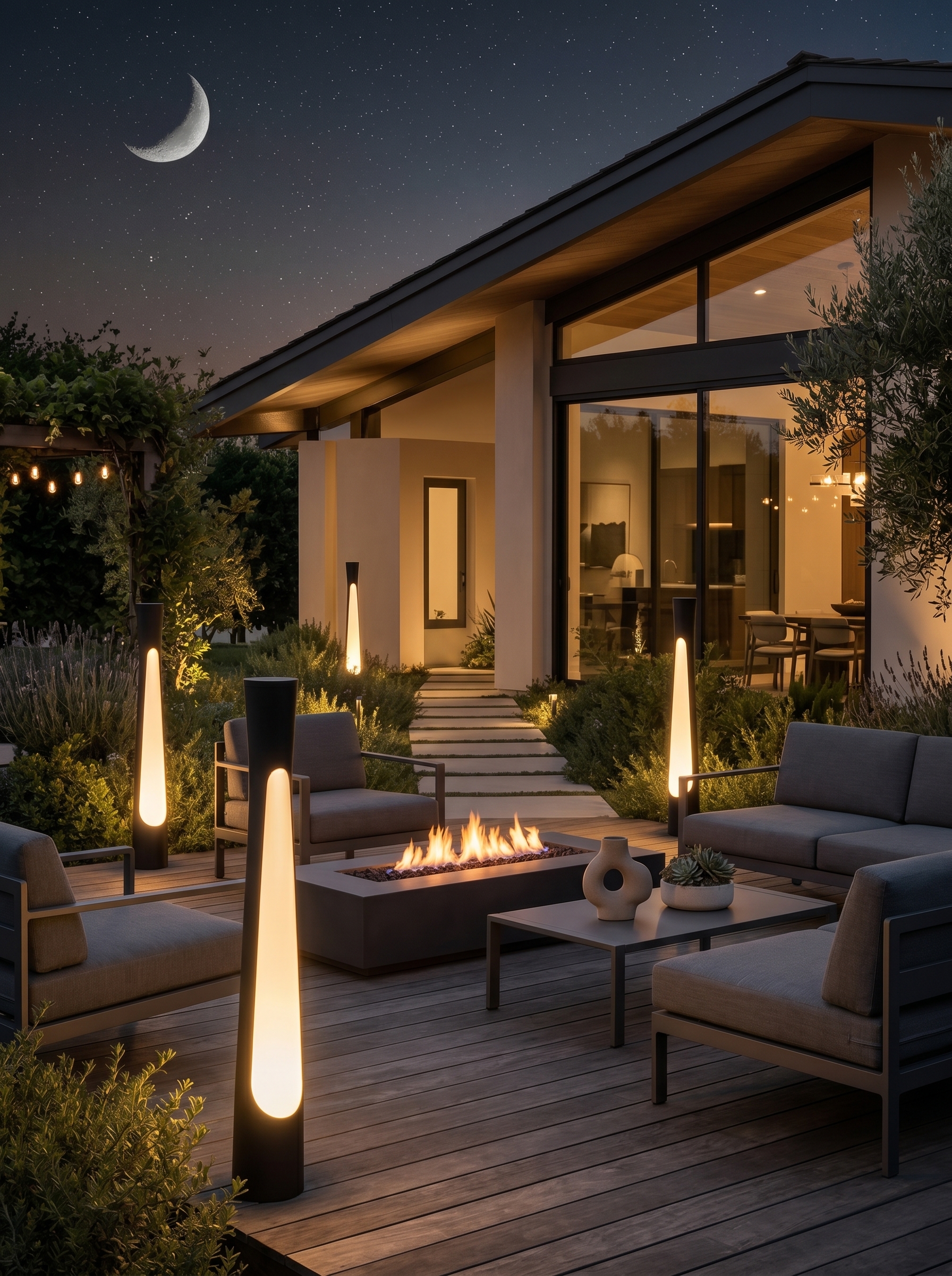 Walkway patio lighting with curved LED path lights, step lighting, landscape lights, fireplace, lanterns, and pergola string lights