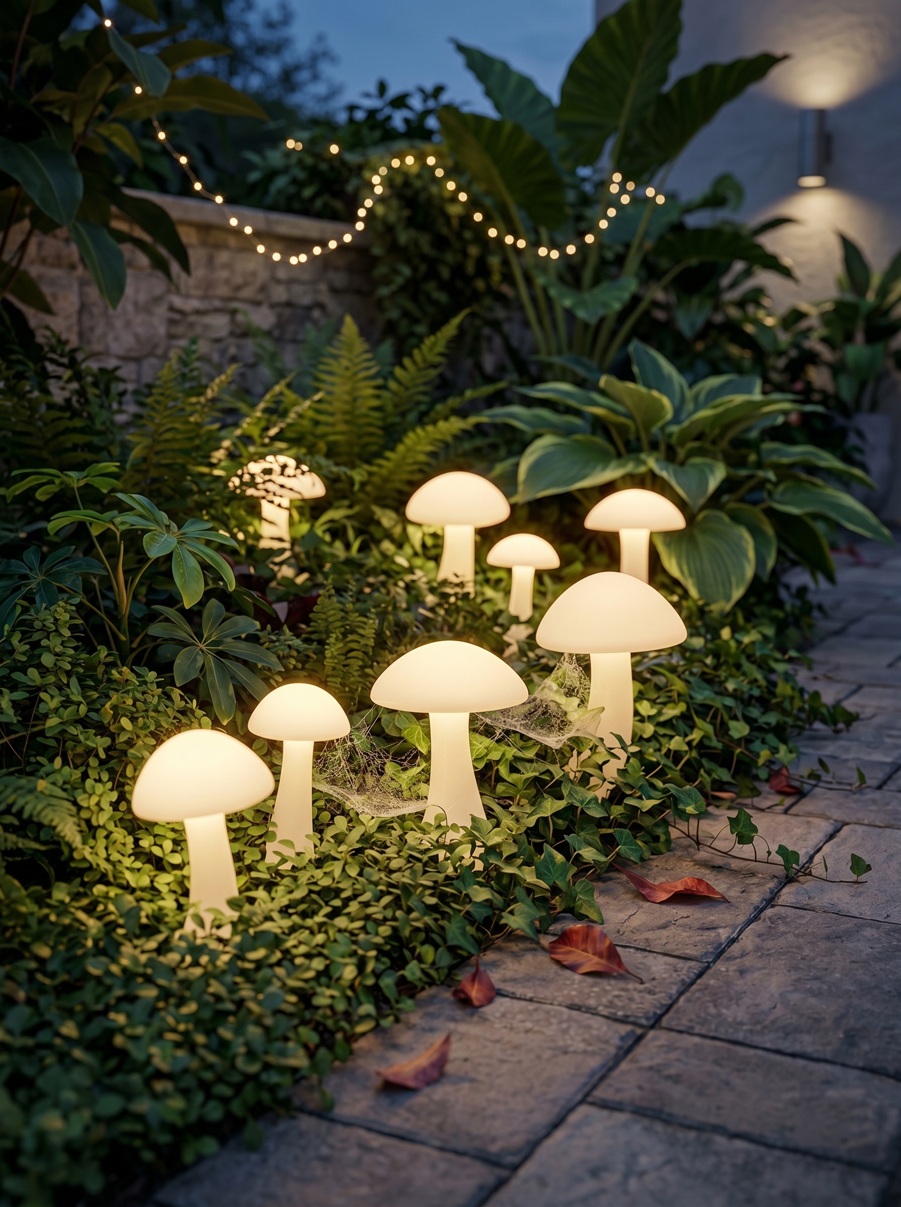 Modern patio lighting with tall glowing floor lamps, garden uplights, fire pit, outdoor sofa, and luxury backyard lounge