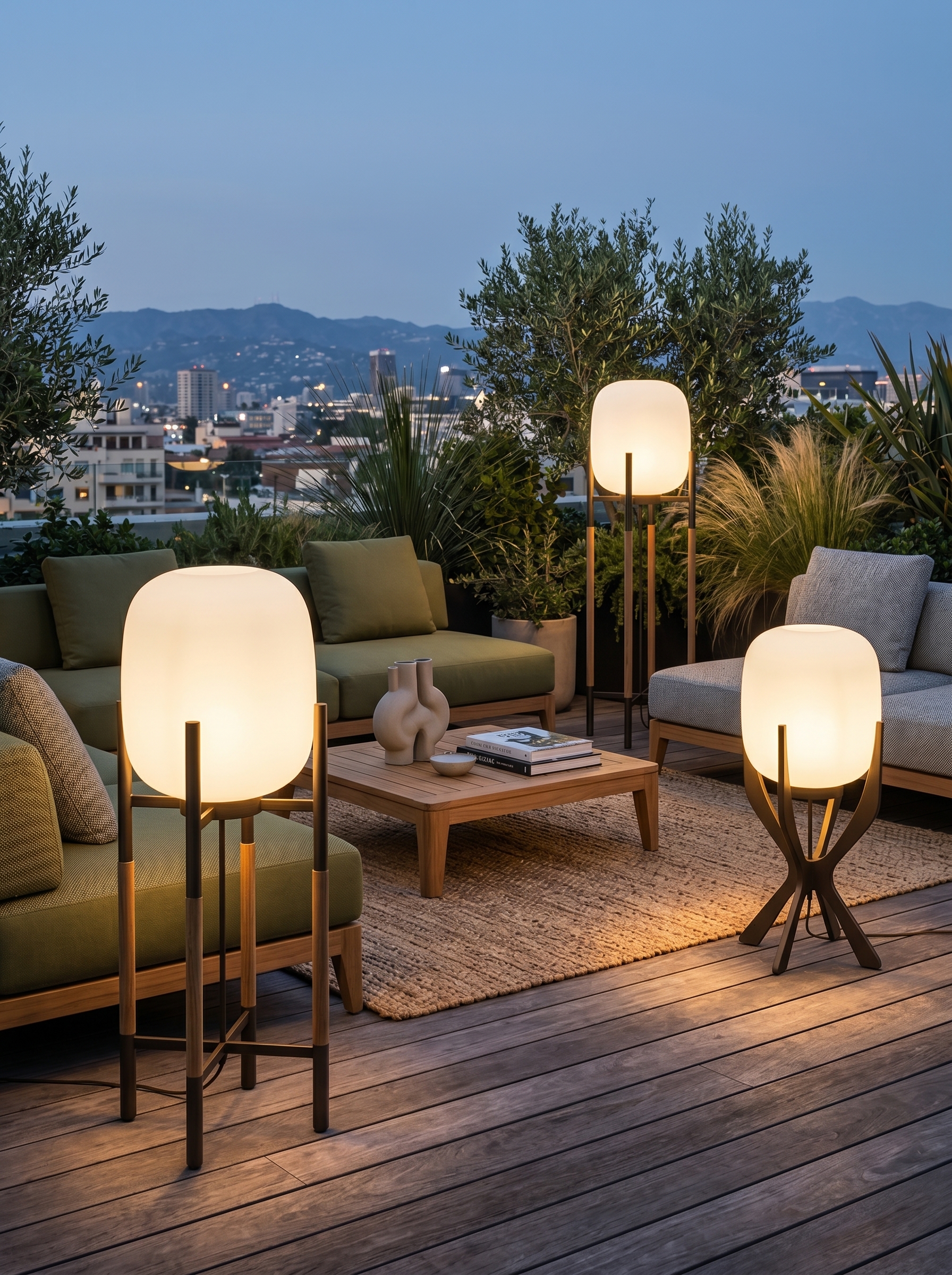 Mushroom garden patio lights with string lights, wall lighting, ivy, ferns, hostas, stone walkway, and magical outdoor decor