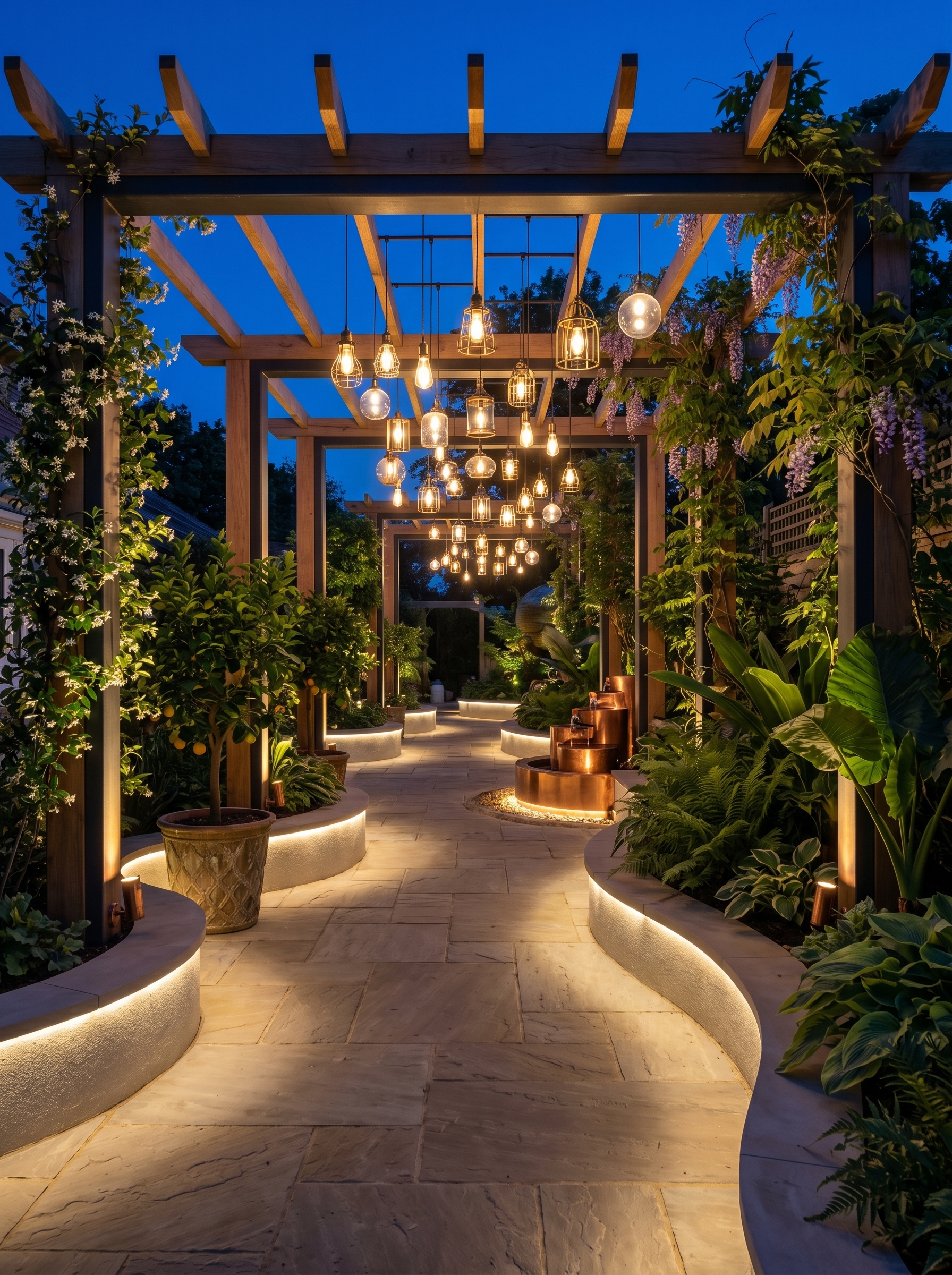 Rooftop patio lighting with globe floor lamps, soft ambient glow, neutral outdoor sofa, plants, rug, and city view