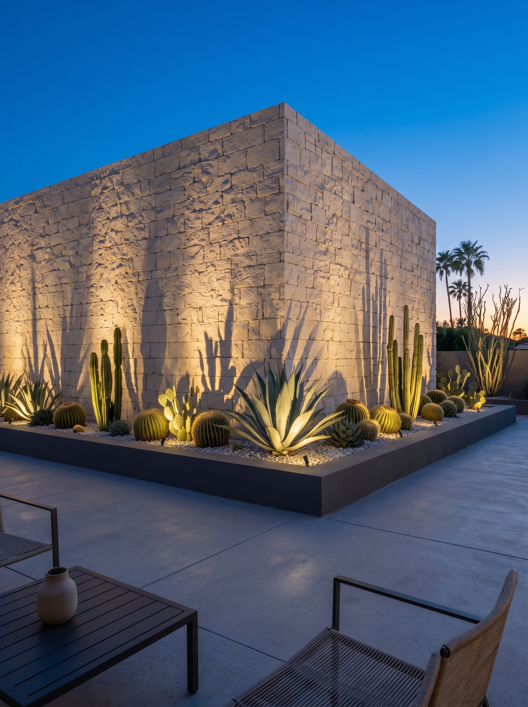 Outdoor walkway patio lighting with hanging pendants, pergola lights, planter-edge lighting, garden uplights, and stone path