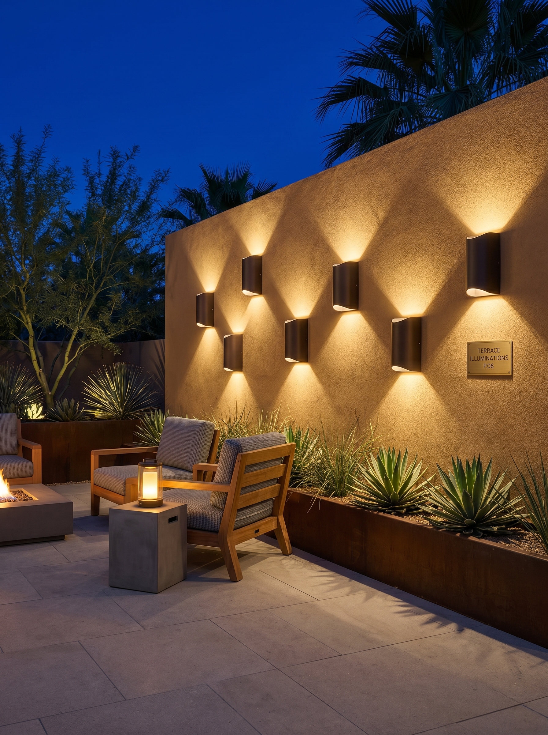 Desert patio lighting with cactus garden uplights, agave plants, stone wall glow, white gravel, and modern backyard decor