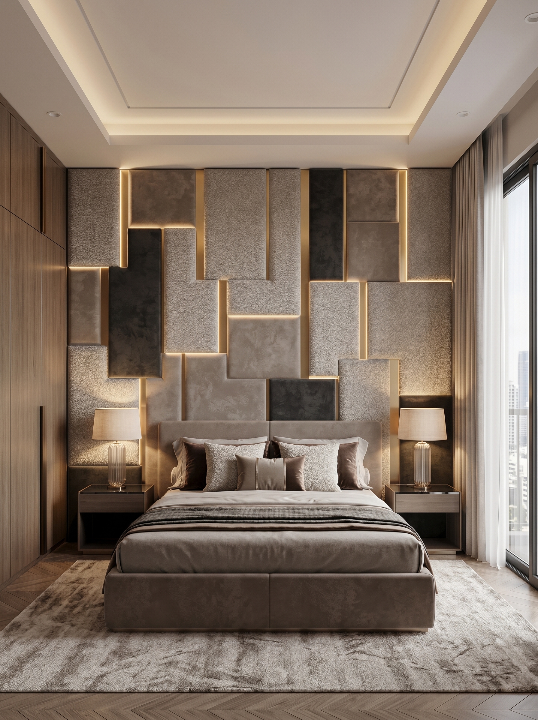 Bedroom wall paneling idea with modern accent wall, soft bedding, warm lighting, and elegant bedroom decor
