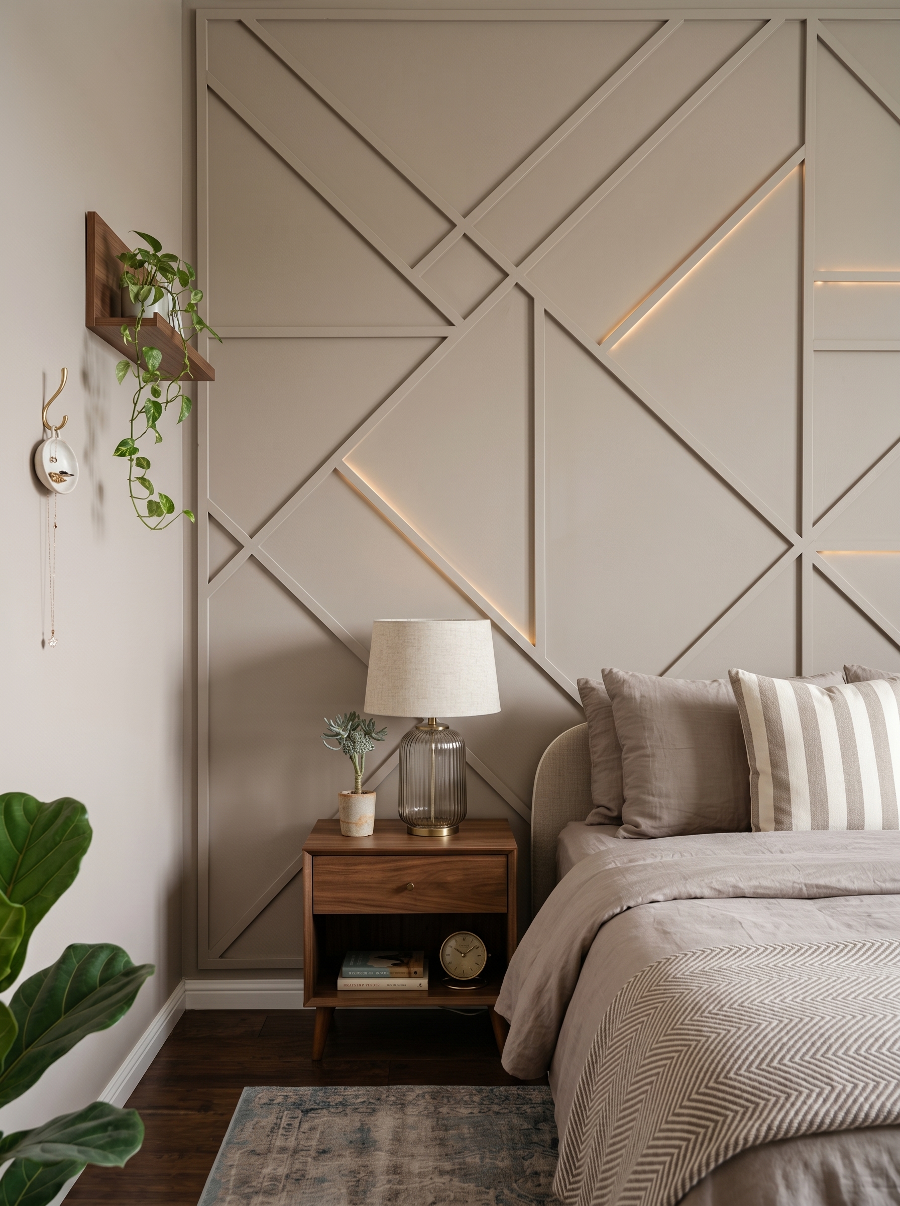 Floor-to-ceiling bedroom wall paneling with mixed rectangular panels, gold trim, LED lighting, and luxury bed styling