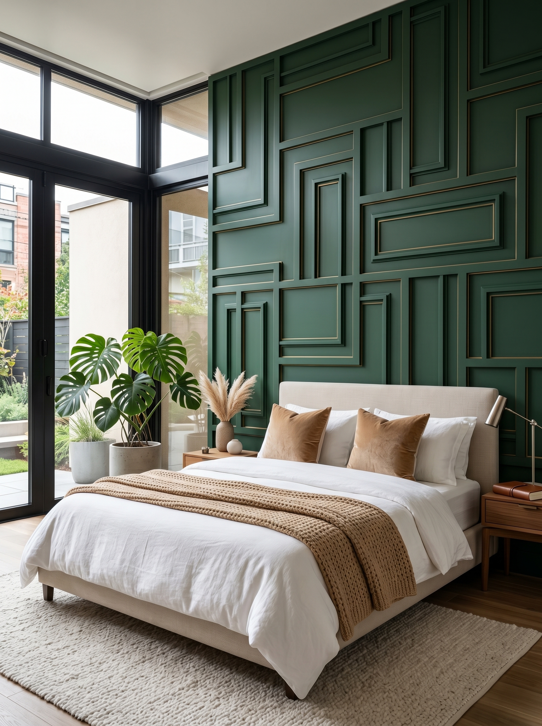 Taupe geometric bedroom wall paneling with diagonal trim, warm LED lighting, wood nightstand, plants, and soft bedding