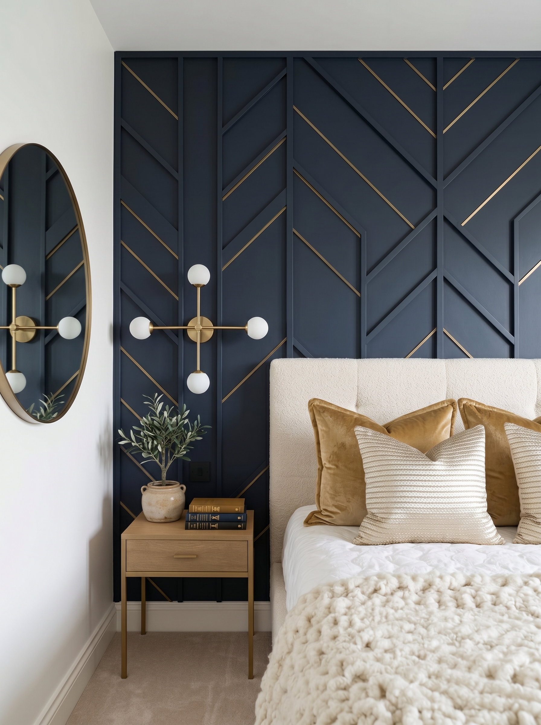 Deep green bedroom wall paneling with geometric trim, white bedding, tan throw, wood nightstand, and indoor greenery