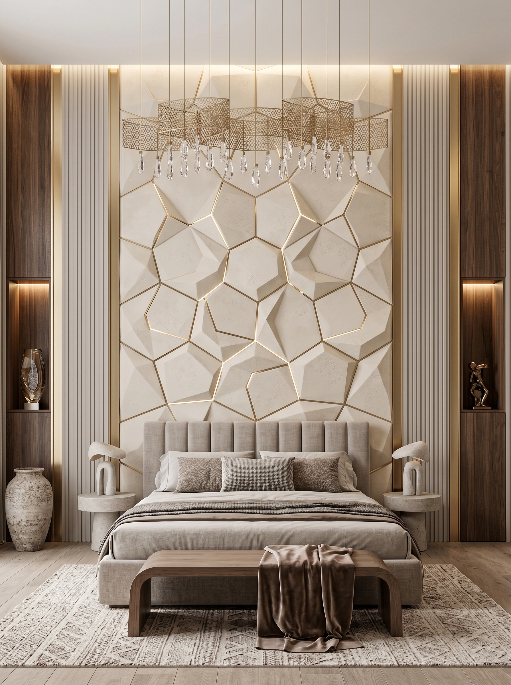 Navy blue bedroom wall paneling with gold details, upholstered headboard, mustard pillows, wall sconce, and round mirror