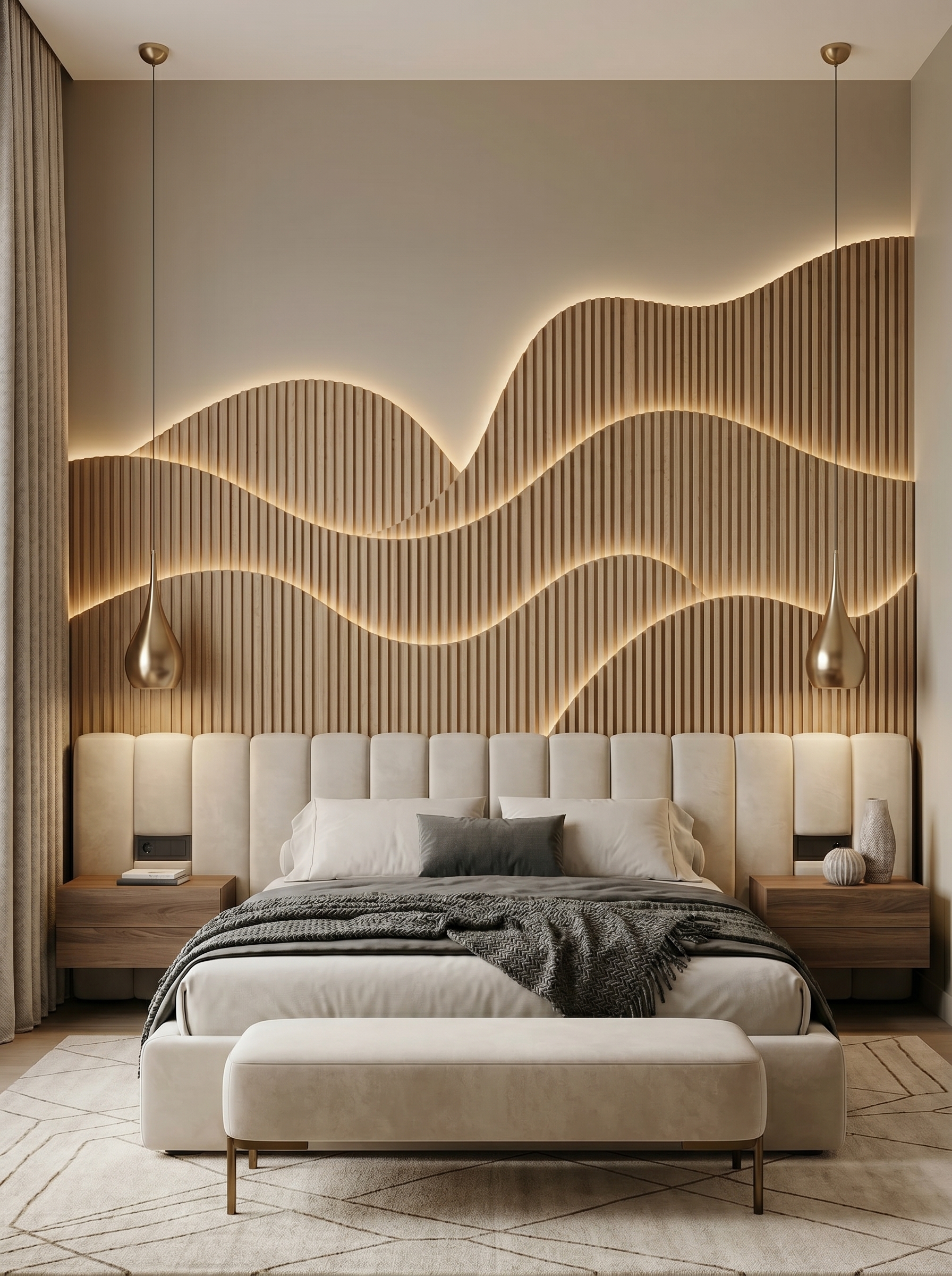 Cream 3D bedroom wall paneling with gold trim, warm lighting, fluted side panels, chandelier, and upholstered bed