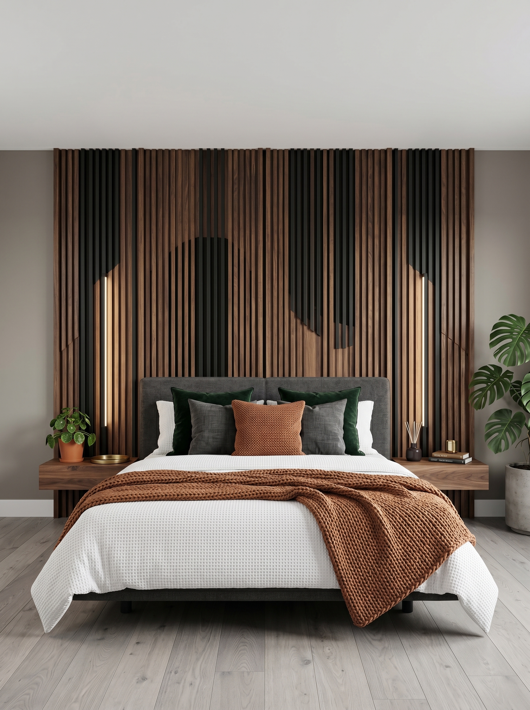 Curved wood slat bedroom wall paneling with warm LED lighting, cream headboard, neutral bedding, and gold pendant lights