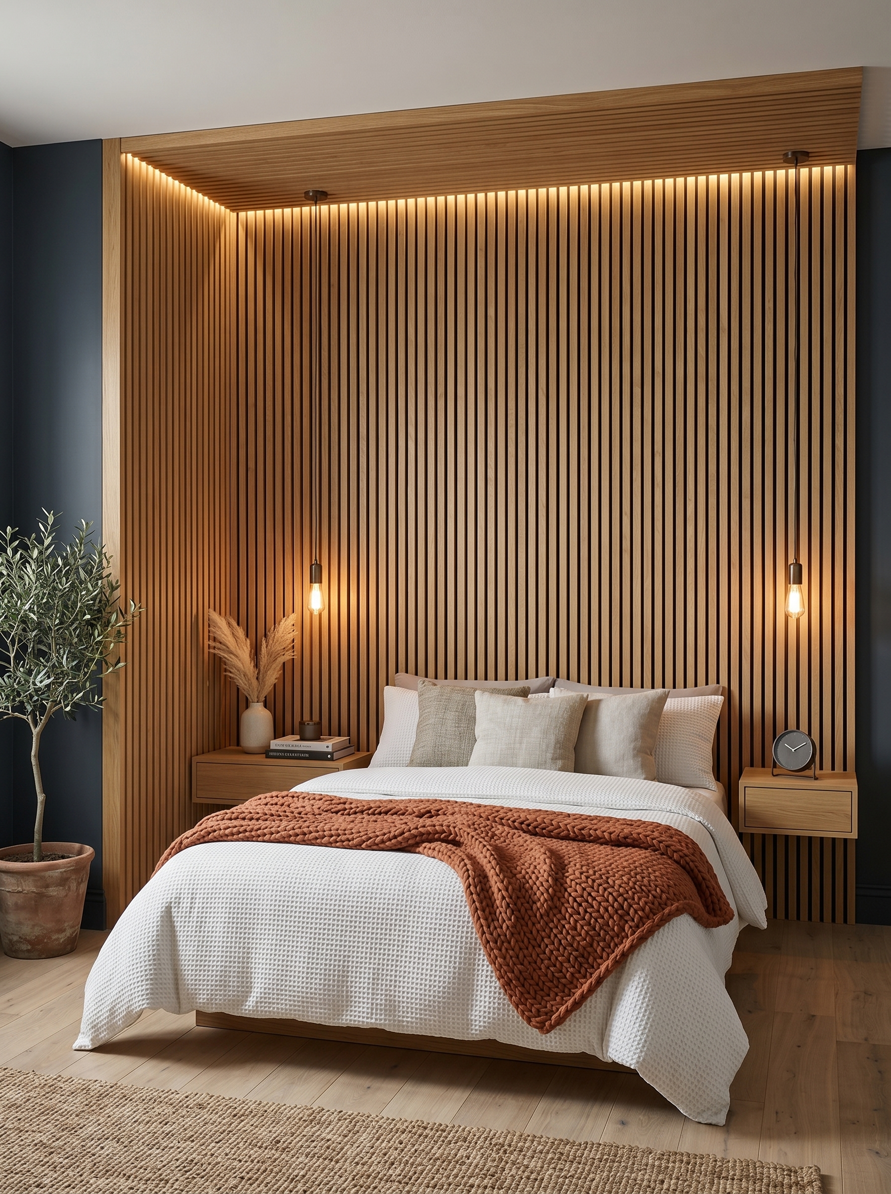 Wood slat bedroom wall paneling with black curved accents, LED lighting, gray bed, green pillows, and rust throw