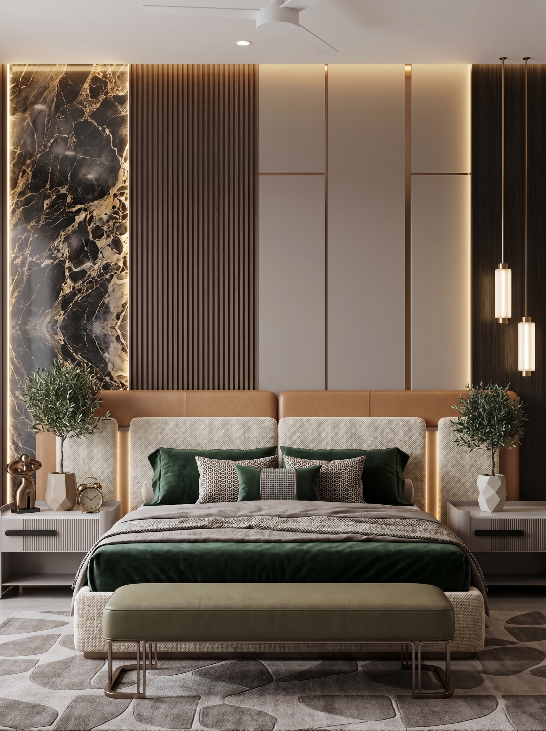 Floor-to-ceiling wood slat bedroom wall paneling with LED glow, pendant lights, white bedding, rust throw, and plants