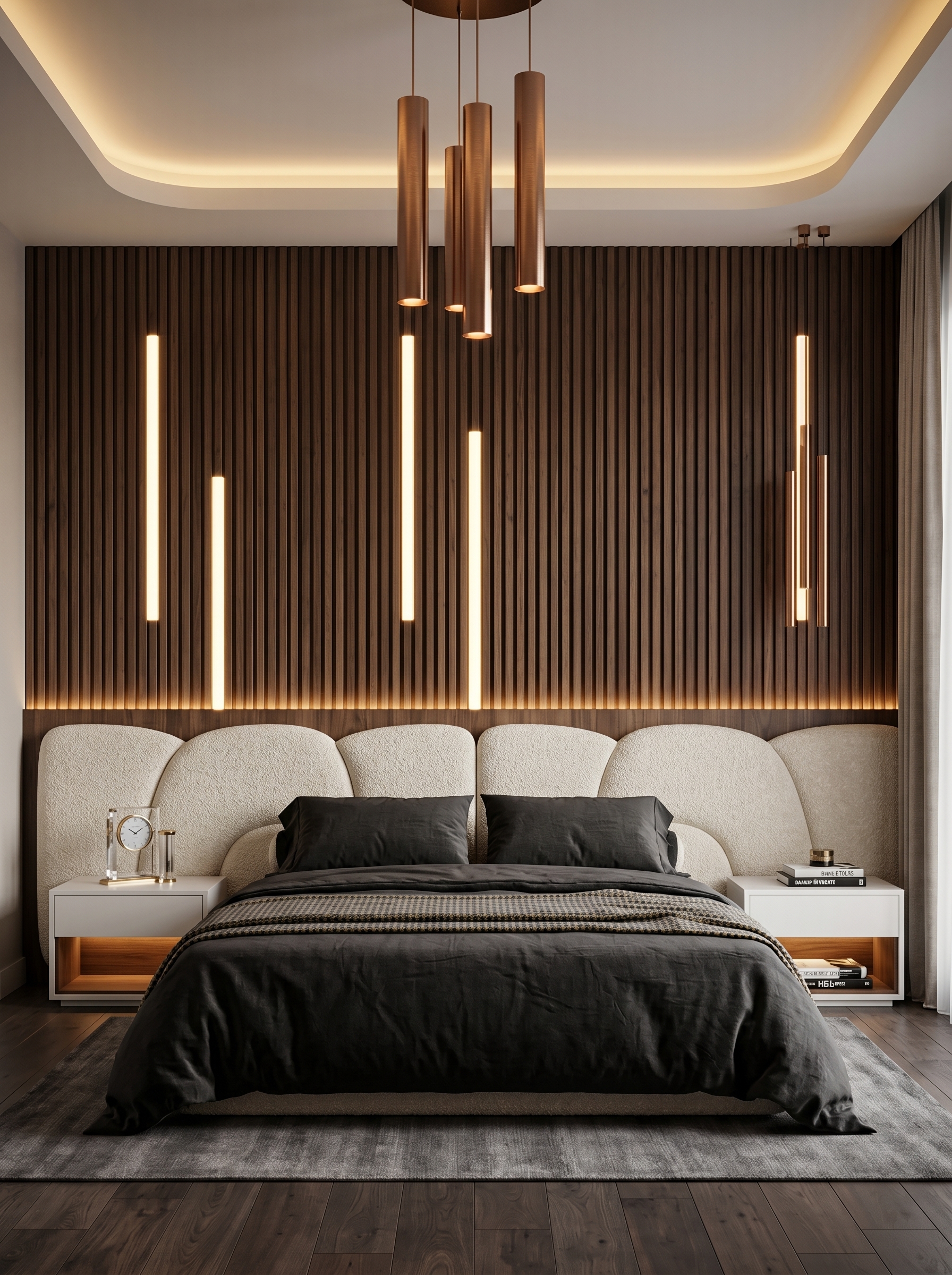 Marble and wood bedroom wall paneling with vertical slats, black marble, gold veining, LED lighting, and neutral bedding