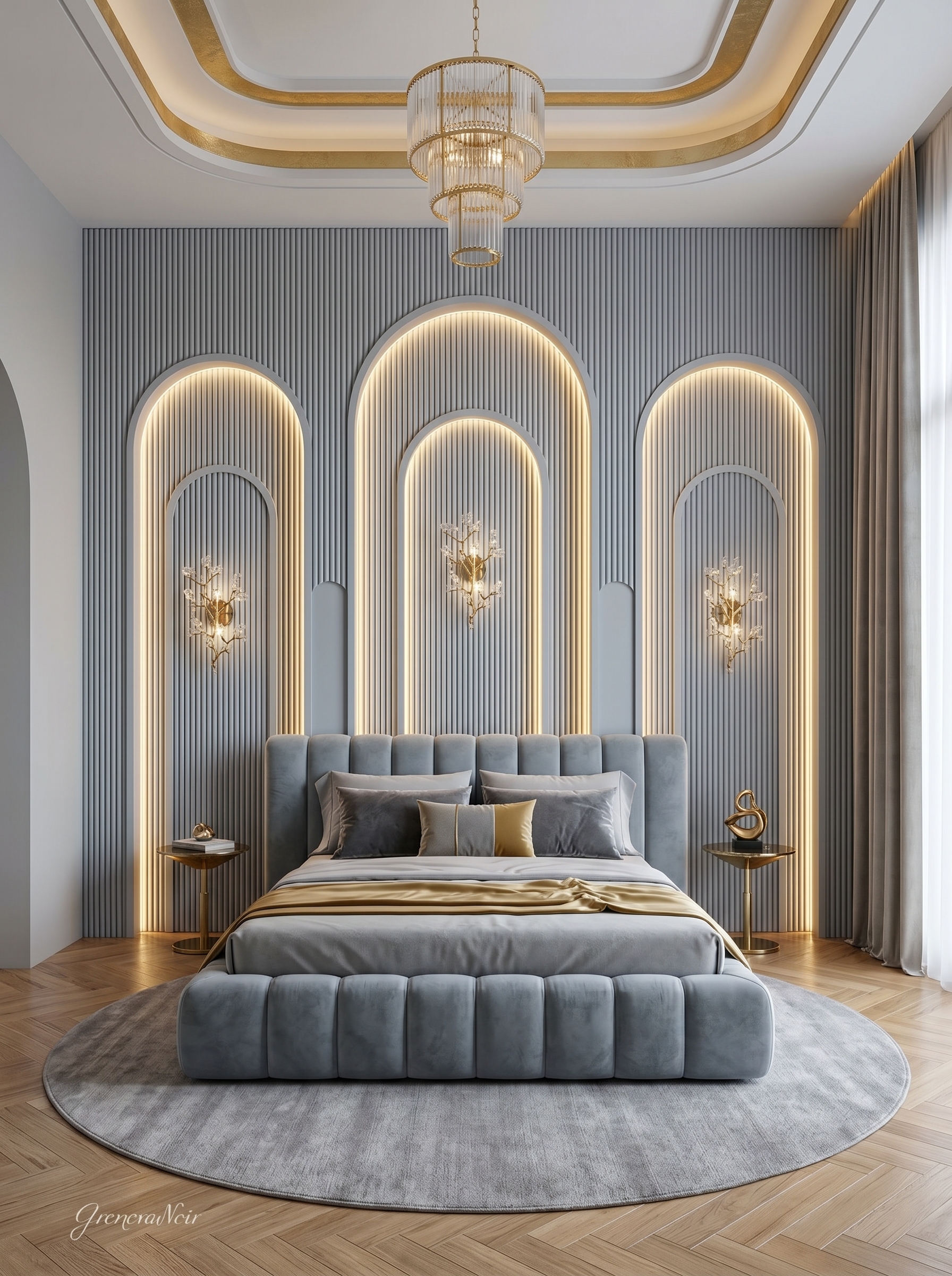 Dark wood bedroom wall paneling with vertical light strips, curved cream headboard, black bedding, and pendant lights