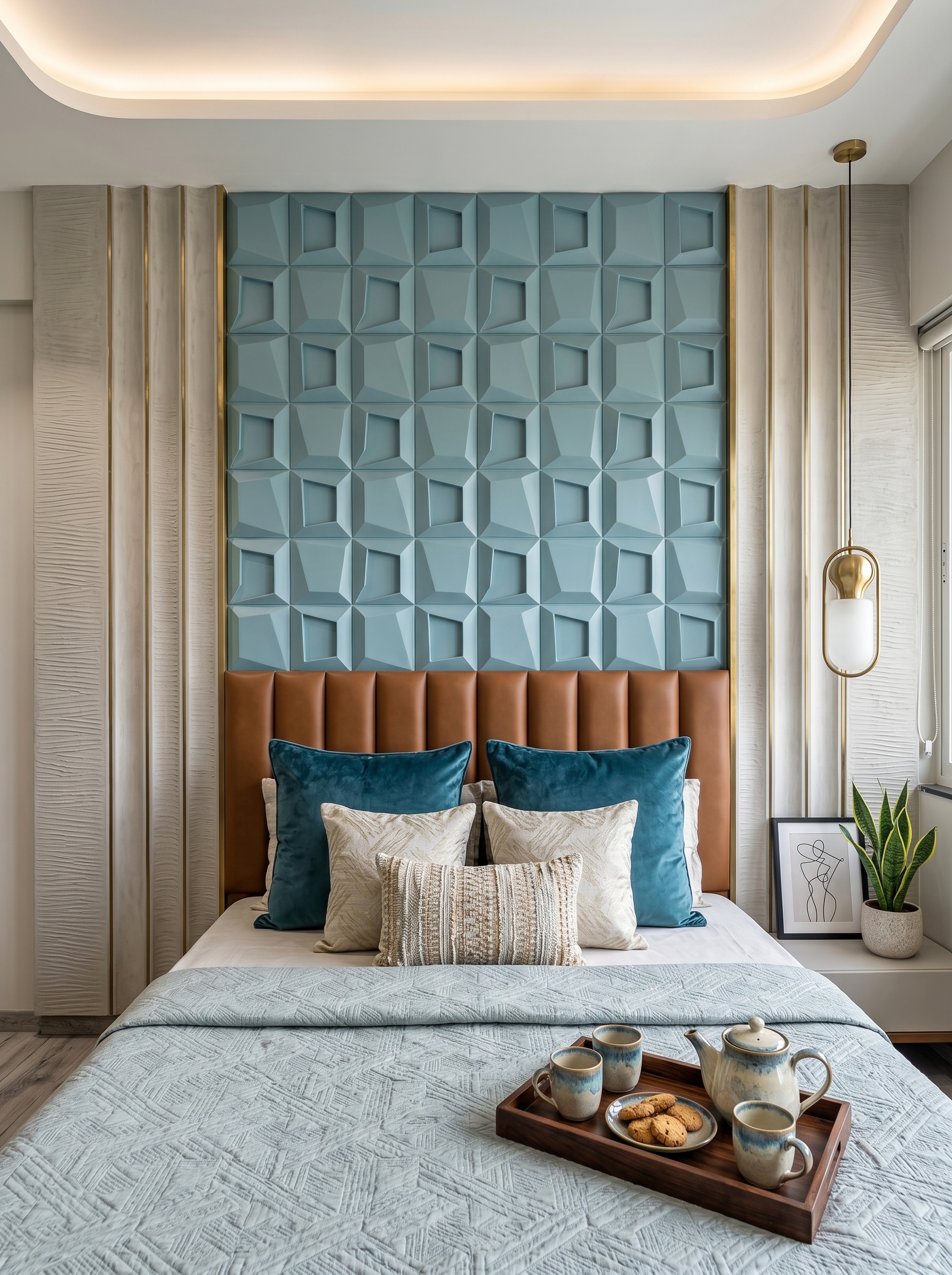 Fluted gray bedroom wall paneling with arched backlighting, chandelier, wall sconces, upholstered bed, and gold accents