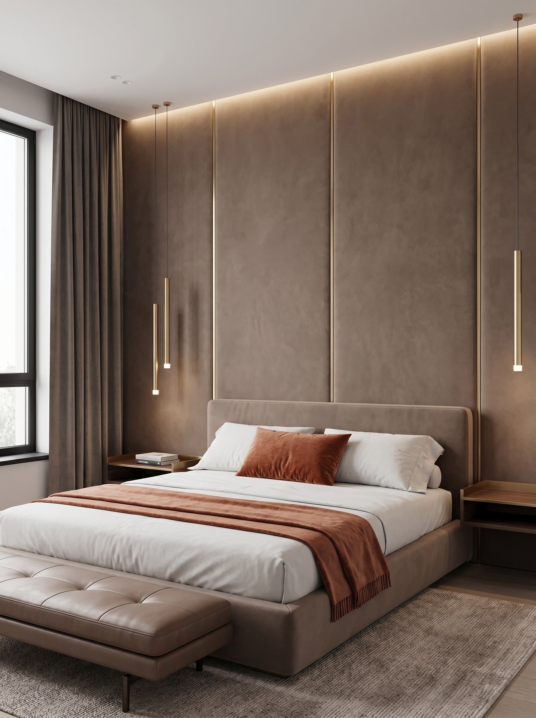 Soft blue 3D bedroom wall paneling with geometric design, gold trim, brown headboard, teal pillows, and pendant light