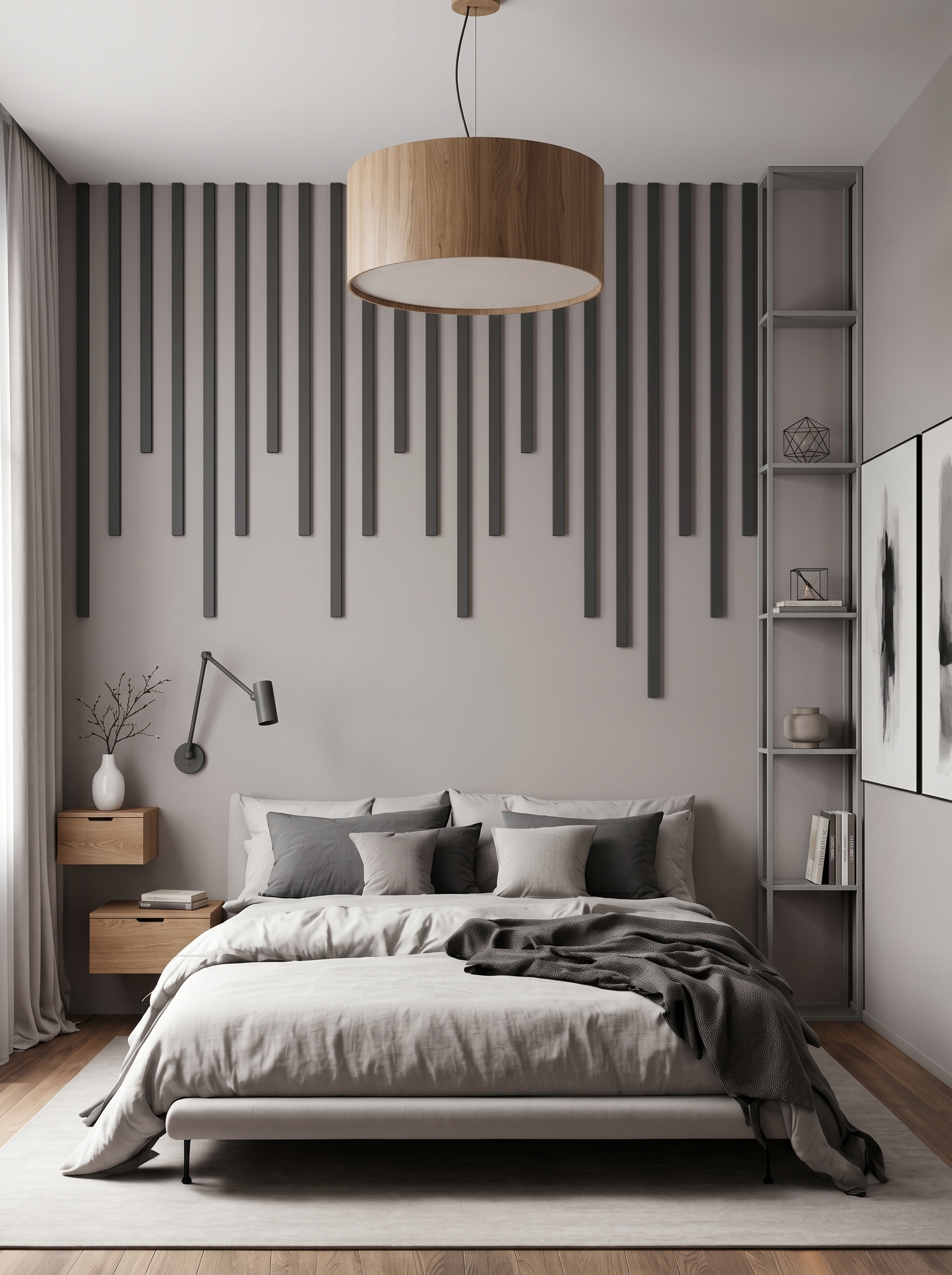 Taupe bedroom wall paneling with gold trim, pendant lights, upholstered bed, rust pillows, wooden tables, and tufted bench