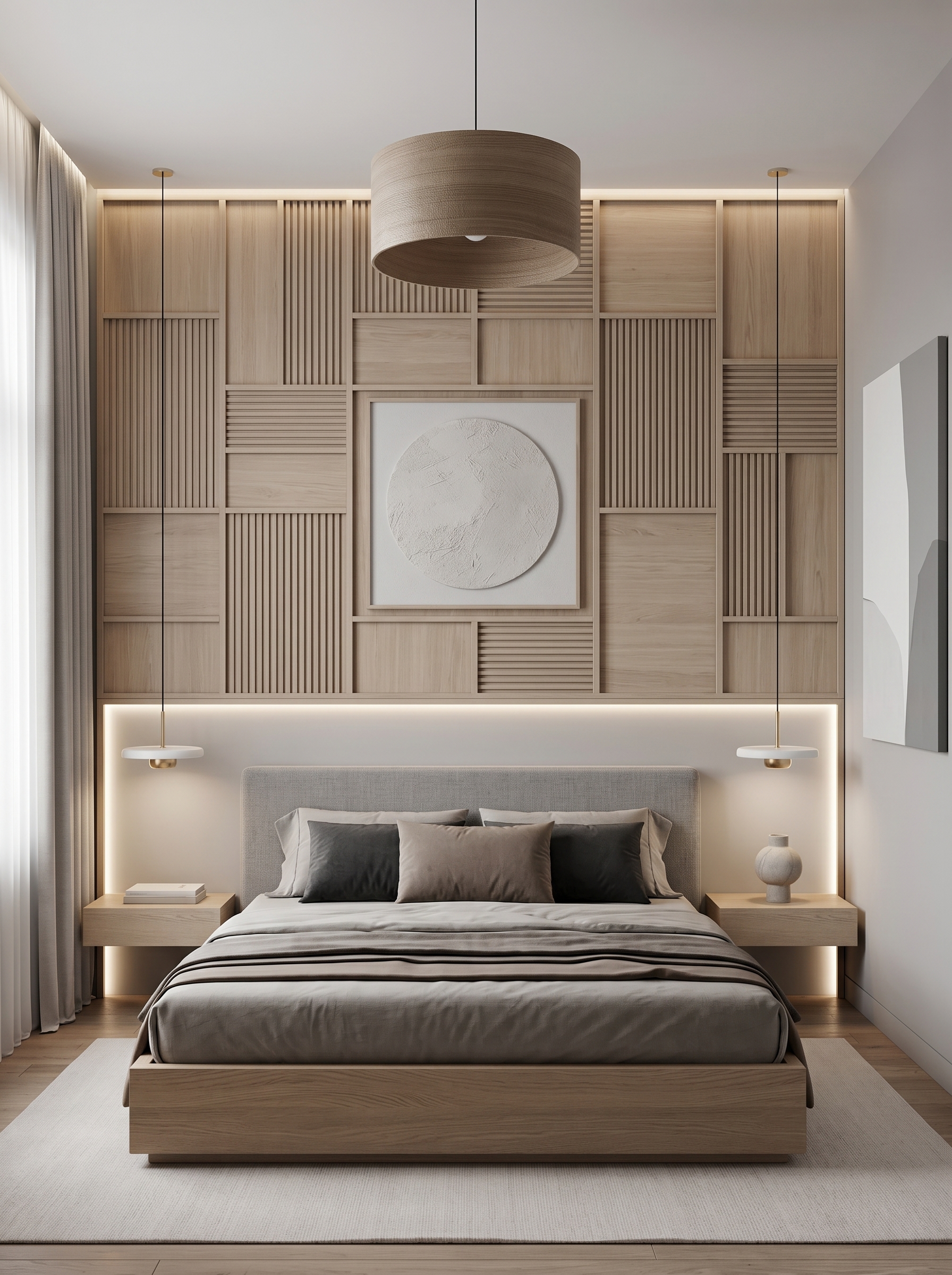 Minimal bedroom wall paneling with uneven vertical strips, gray bedding, floating wood nightstands, reading lamp, and wood pendant