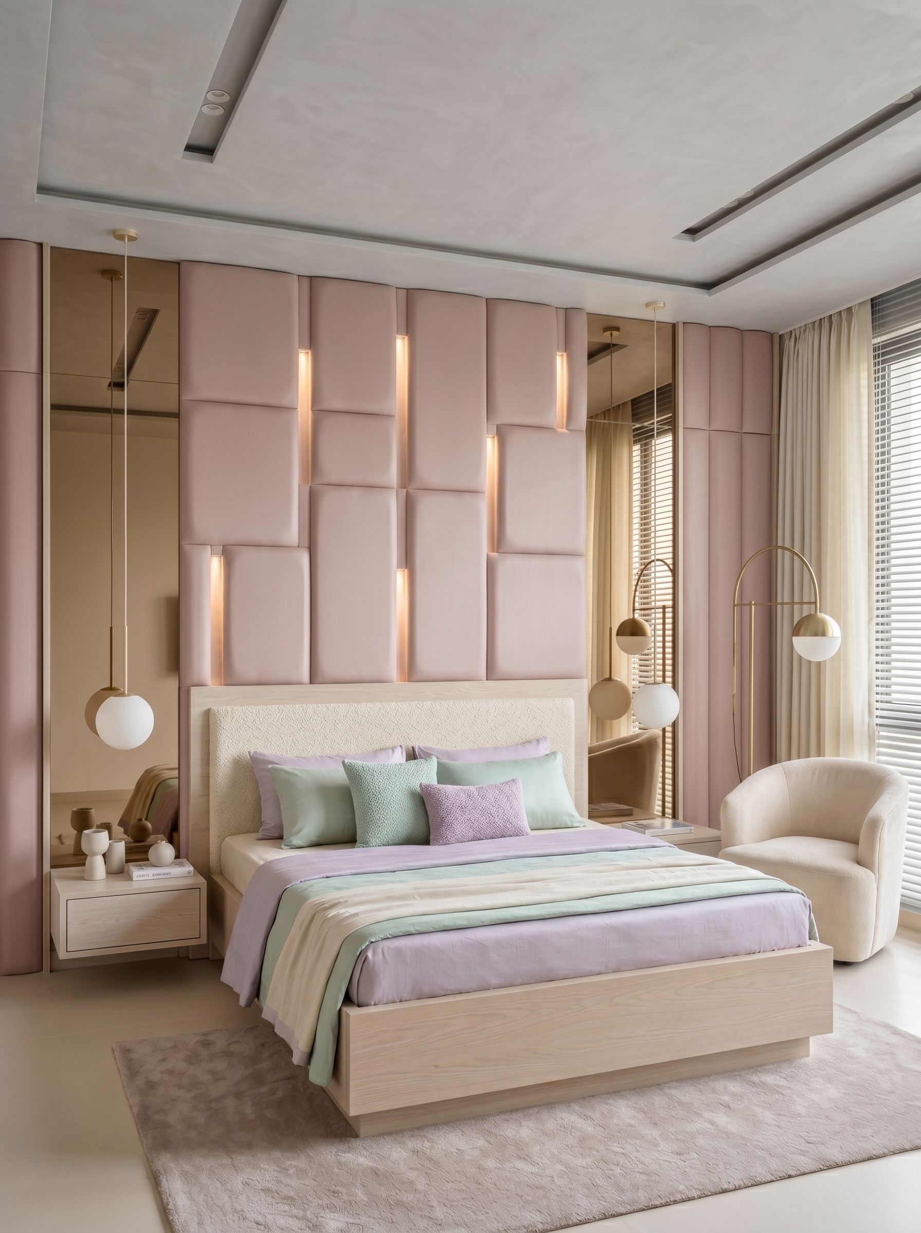 Light wood bedroom wall paneling with mixed rectangular panels, vertical slats, wall art, pendant lights, and neutral bedding