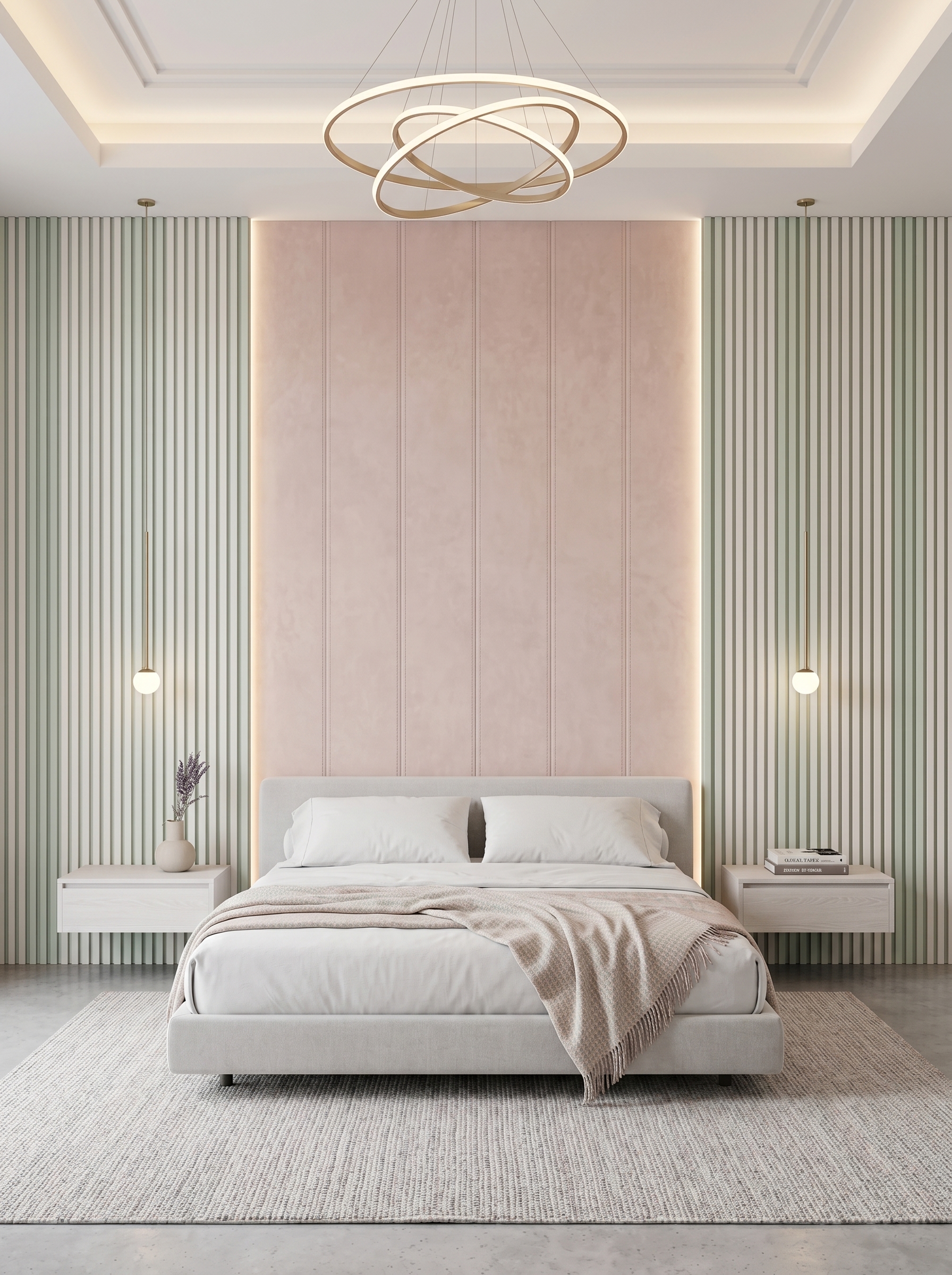 Blush pink upholstered bedroom wall panels with vertical lighting, pastel bedding, light wood bed, gold pendant lights, and curtains