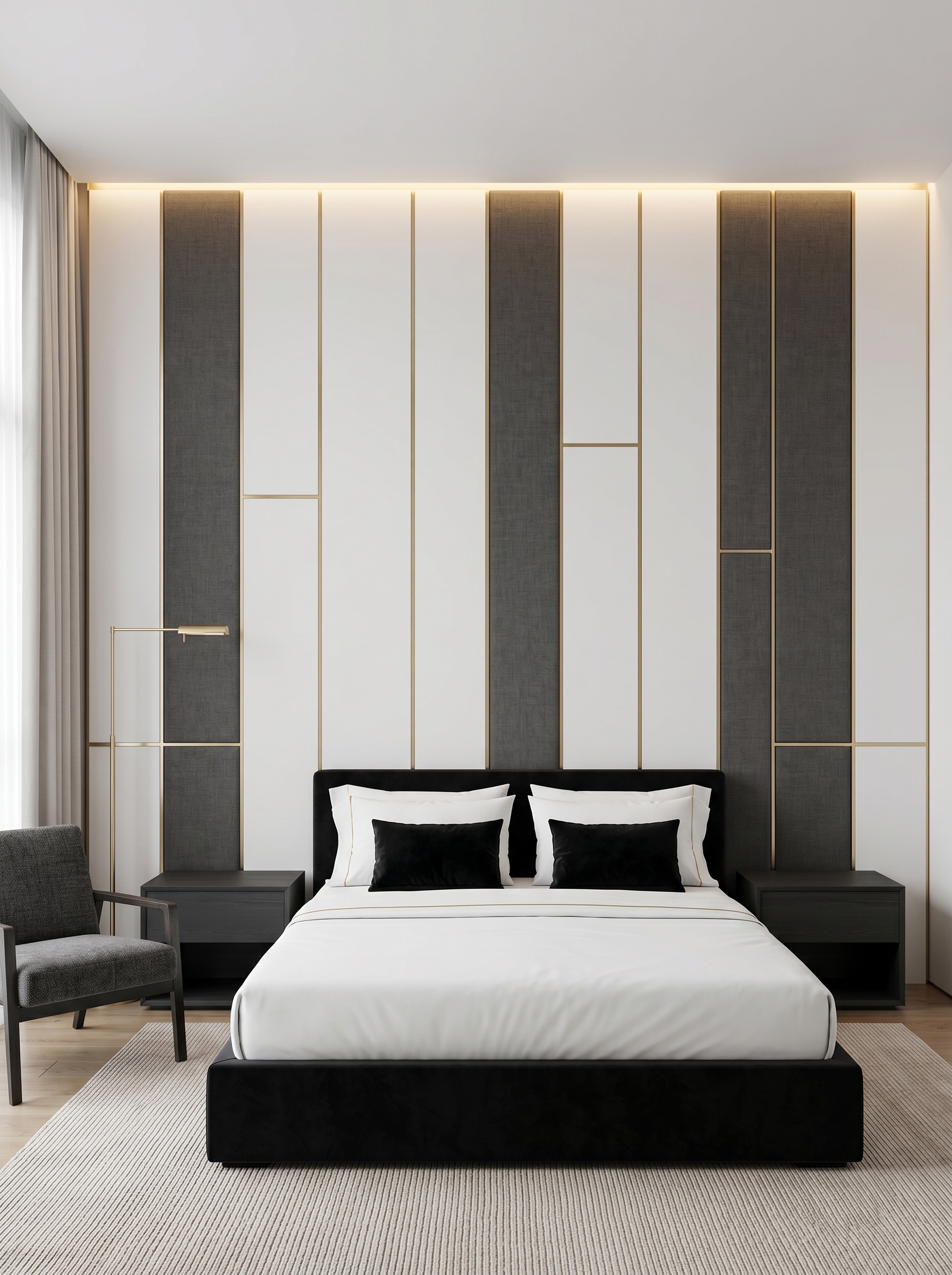 Pastel pink and mint green bedroom wall paneling with fluted side panels, hidden lighting, white bedding, and chandelier