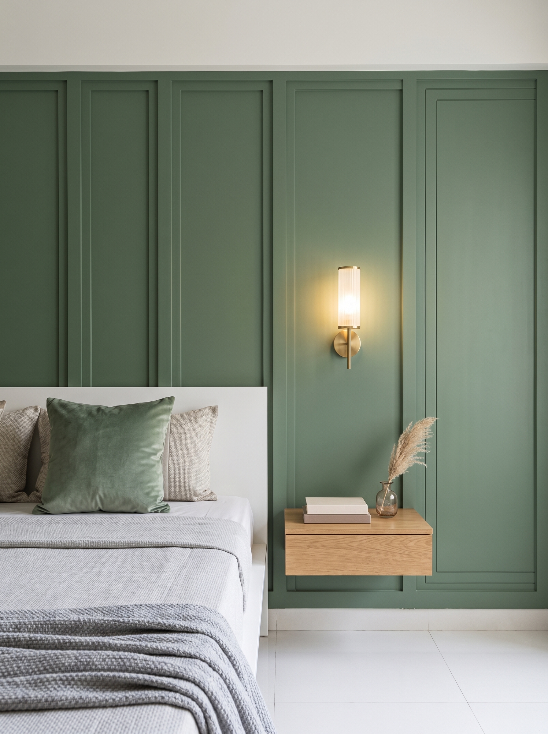 White and charcoal bedroom wall paneling with gold lines, black upholstered bed, white bedding, dark tables, and soft curtains