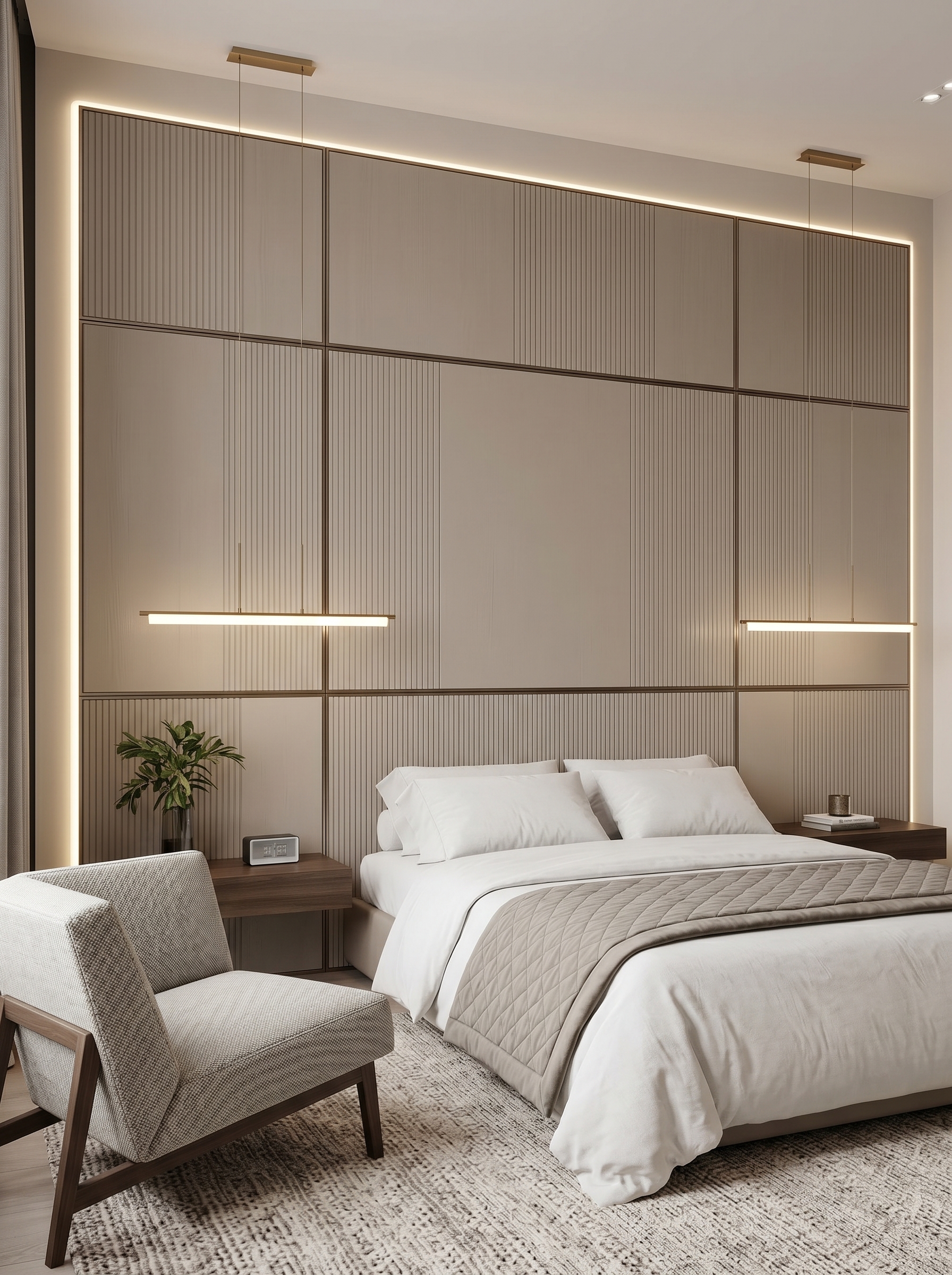 Sage green board and batten bedroom wall paneling with white upholstered bed, sage pillows, wood nightstand, and wall sconce