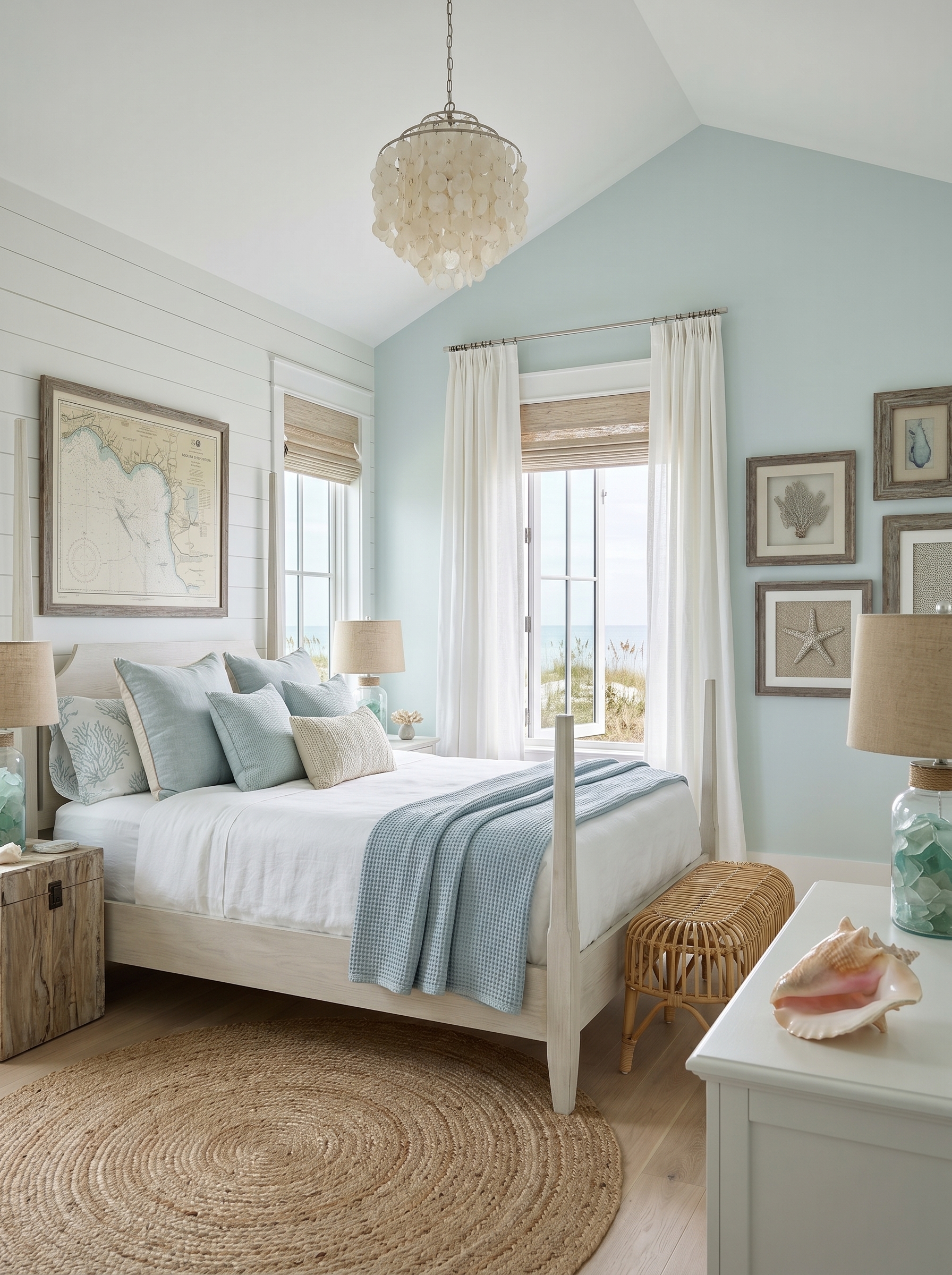 Coastal bedroom ideas with soft neutral colors, woven textures, blue bedding, light wood furniture, and beach-inspired decor