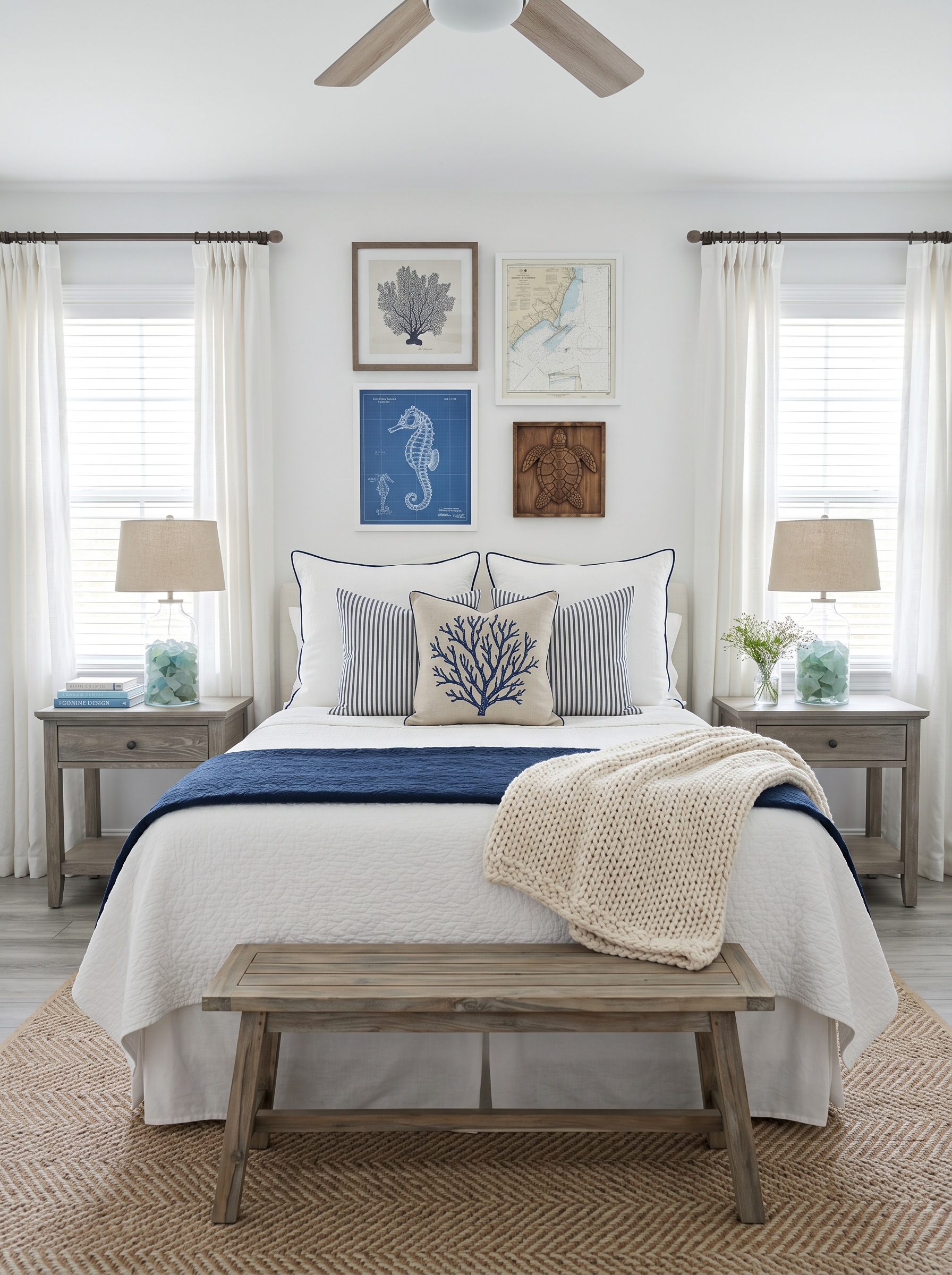 Bright coastal bedroom with aqua walls, white shiplap, light blue bedding, seashell accents, rattan bench, and jute rug