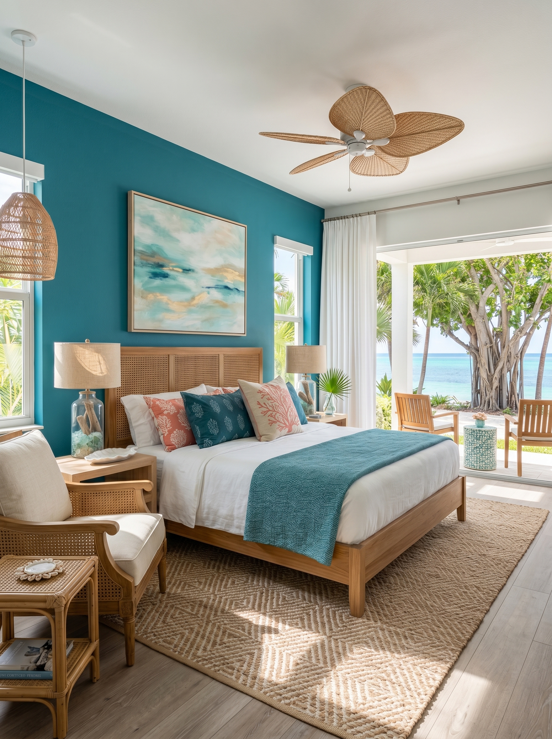 Navy and white coastal bedroom with natural wood furniture, coral wall art, seahorse prints, jute rug, and airy curtains