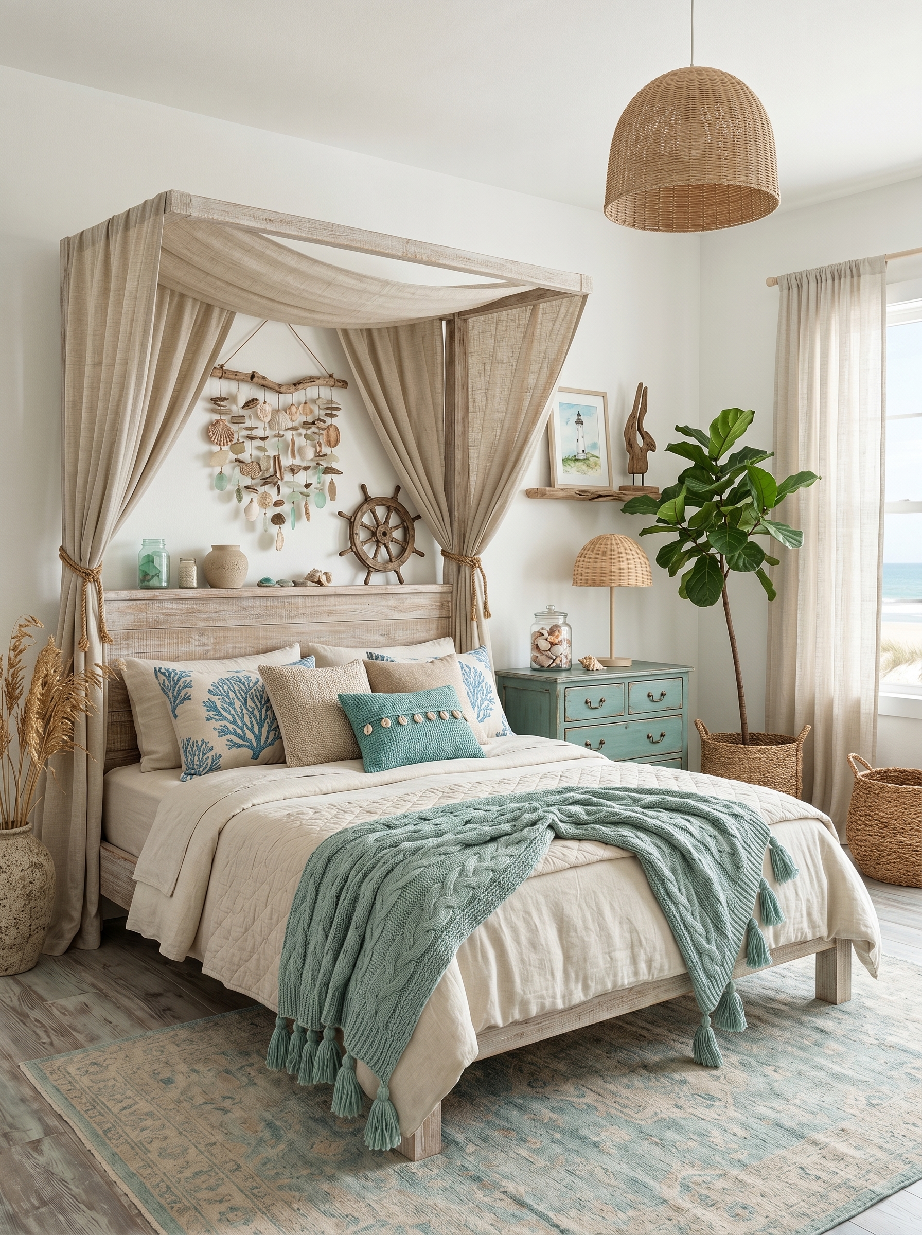 Tropical coastal bedroom with teal accent wall, rattan chair, cane headboard, white bedding, woven ceiling fan, and ocean view