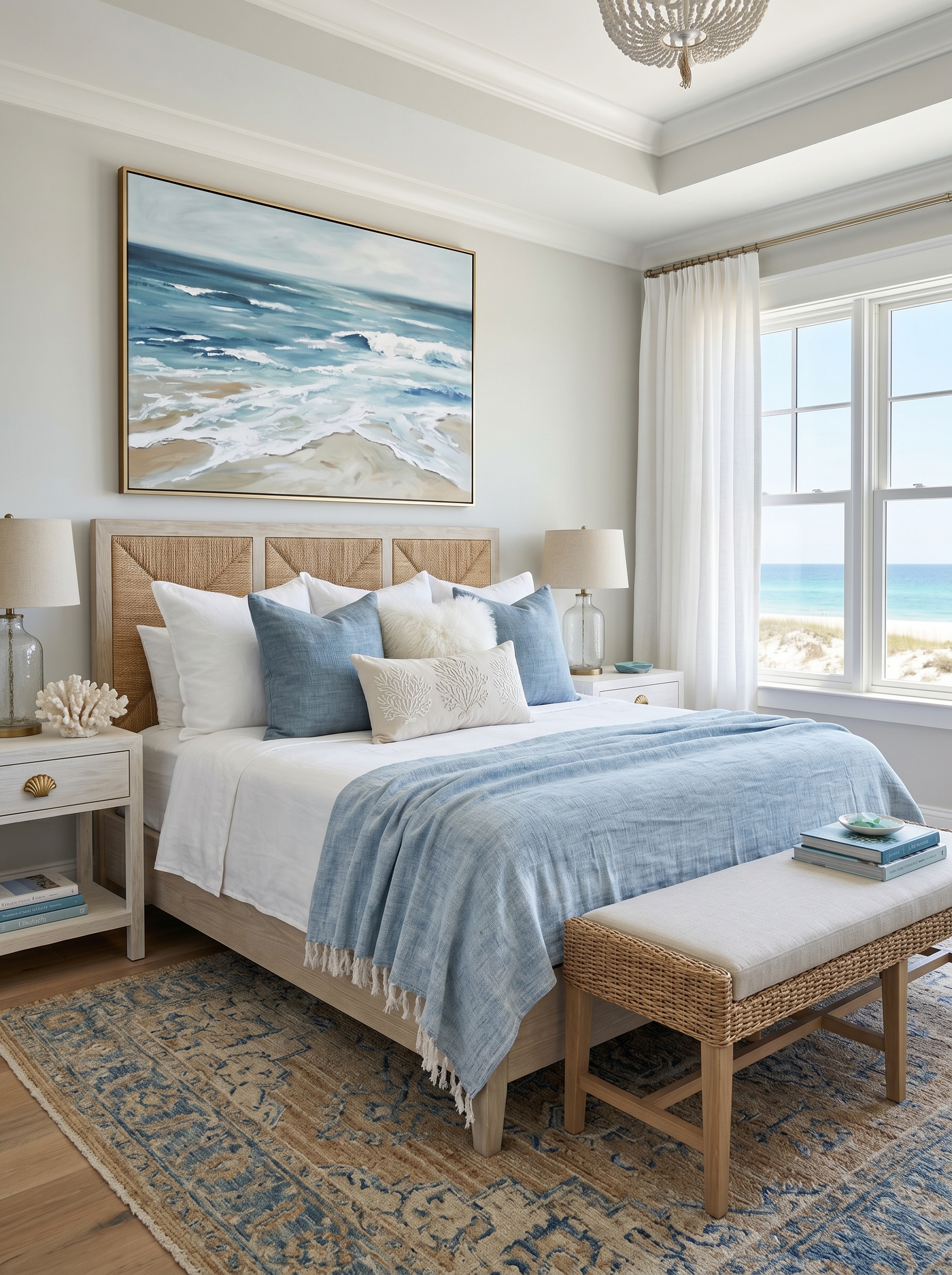 Beach cottage coastal bedroom with rustic canopy bed, linen curtains, weathered wood furniture, seashell wall decor, and woven lighting