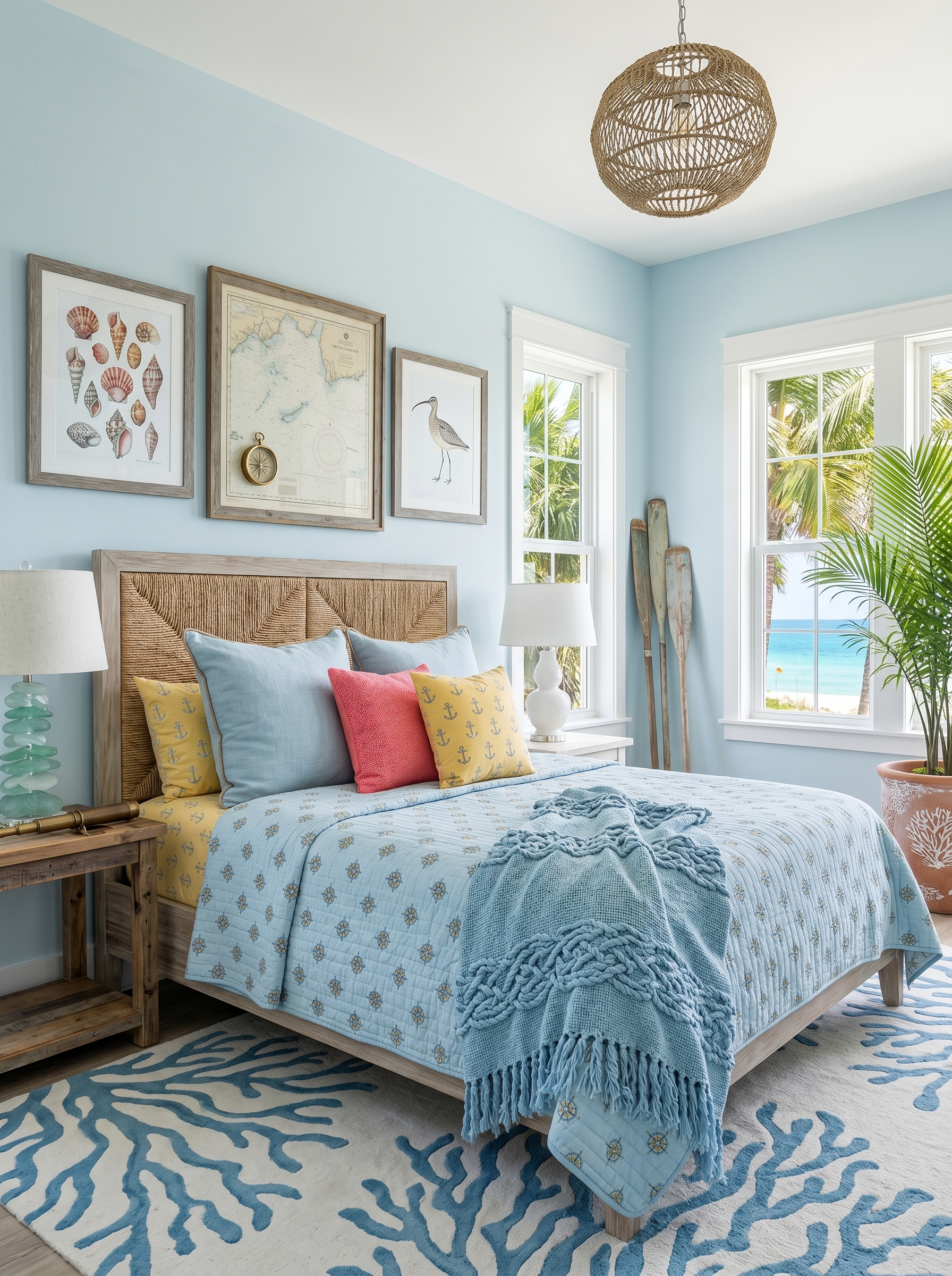Elegant coastal bedroom with ocean view, soft blue bedding, rattan headboard, woven bench, glass lamps, and beach artwork