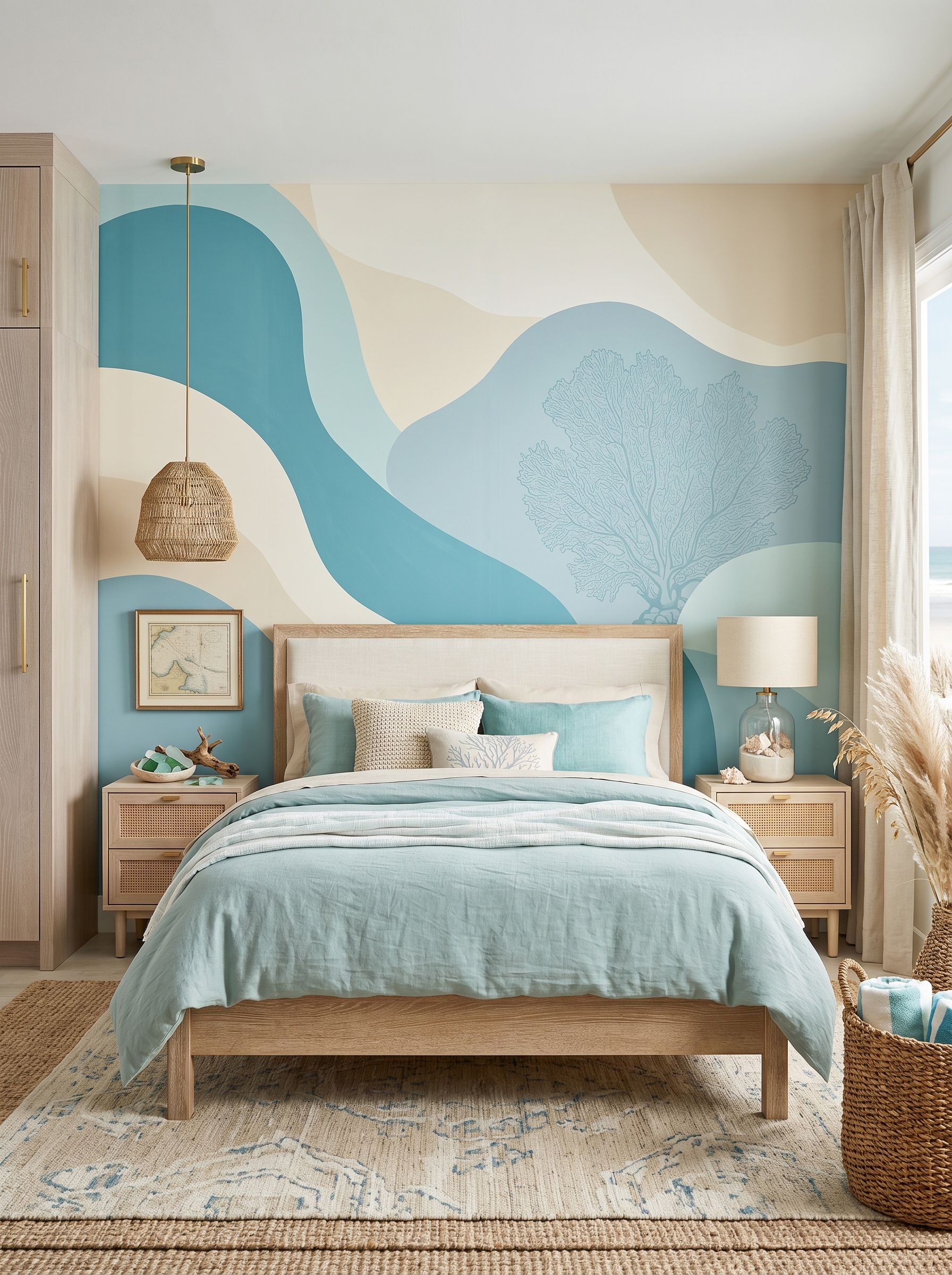 Colorful coastal bedroom with rattan headboard, blue walls, ocean wall art, anchor pillows, coral rug, and wooden oars