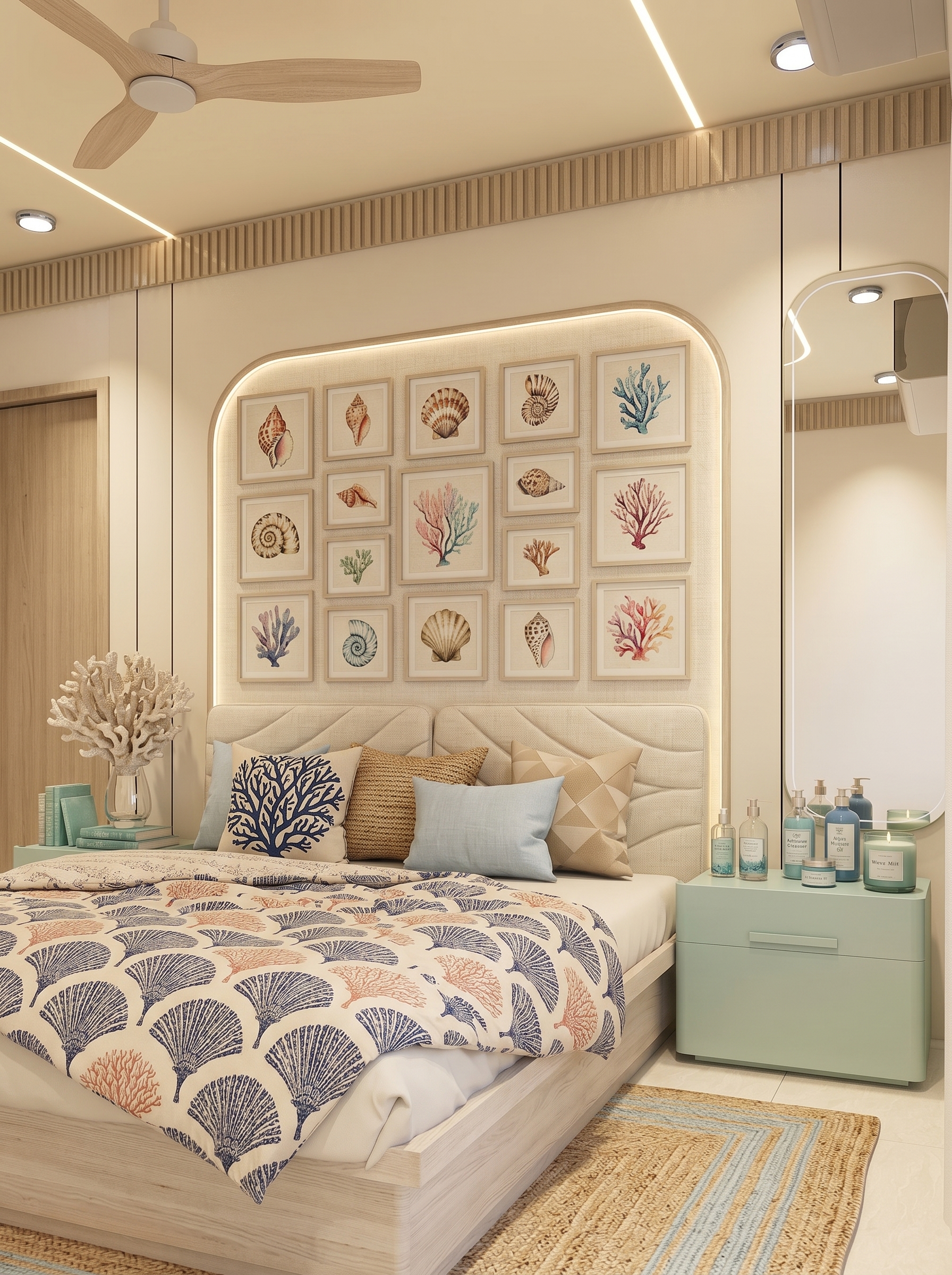 Modern coastal bedroom with ocean-wave mural, aqua bedding, cane nightstands, rattan pendant light, and seashell accents