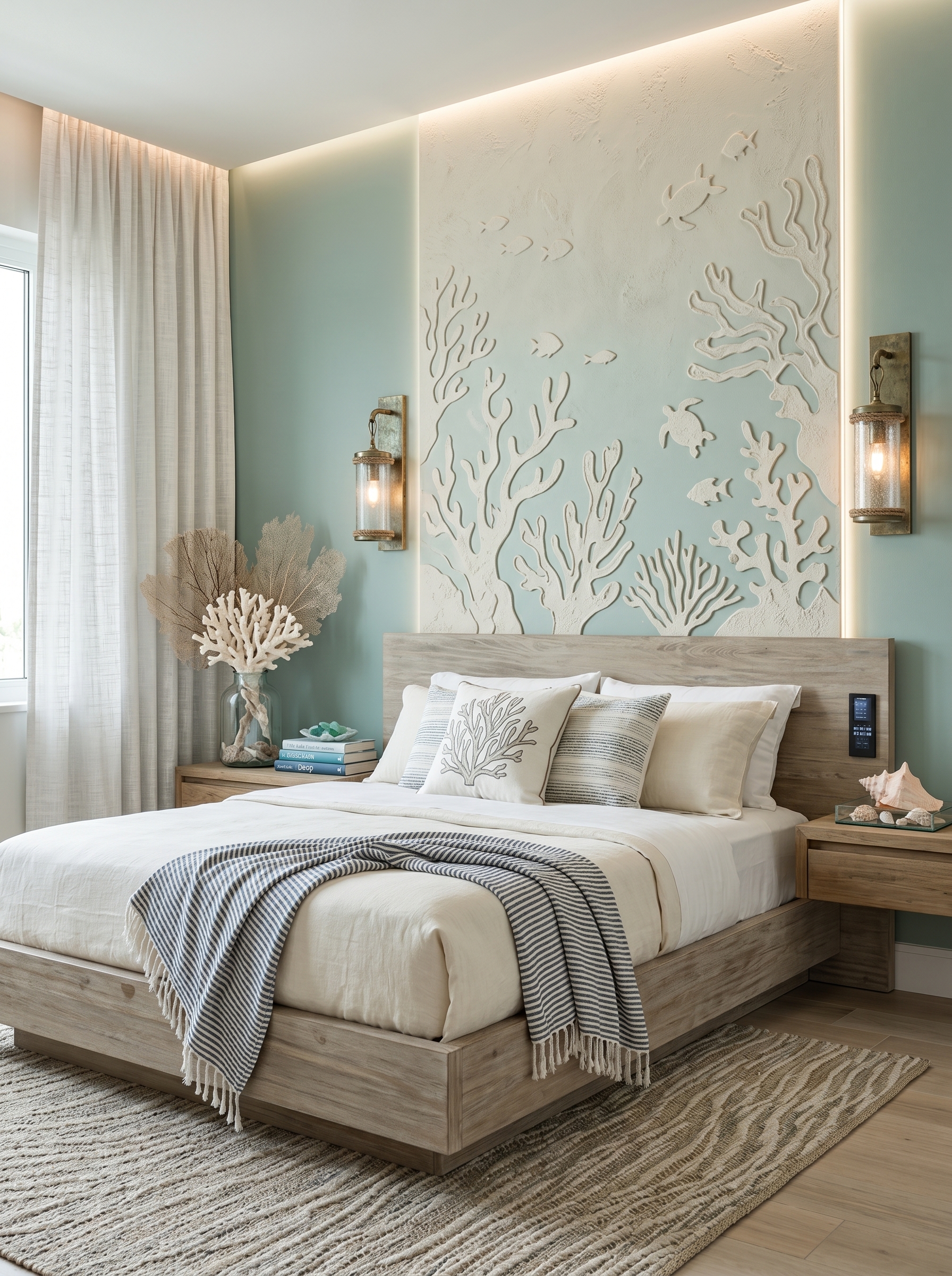 Modern coastal bedroom with shell gallery wall, coral artwork, beige walls, light wood furniture, and sea-inspired accents