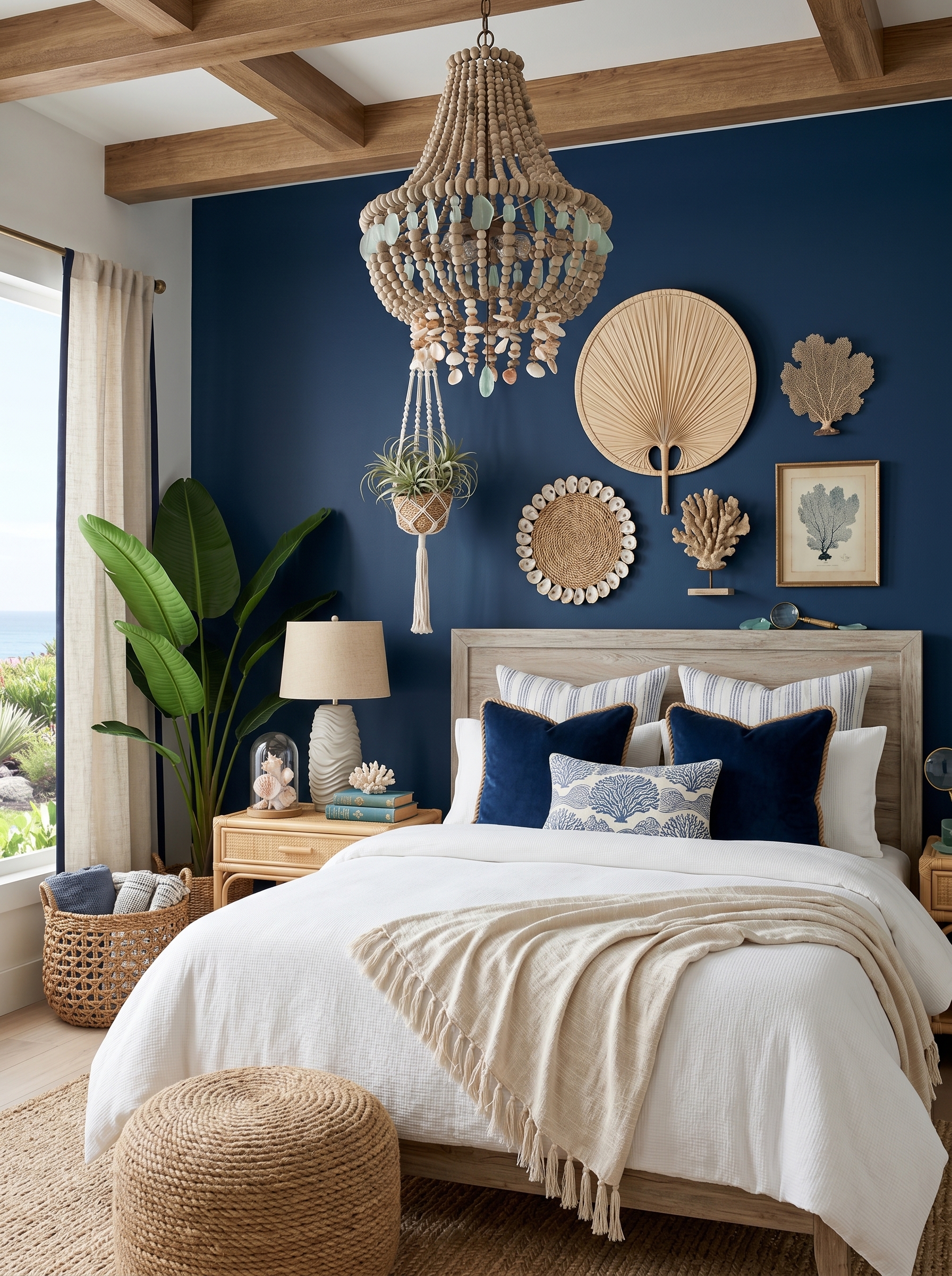 Seafoam coastal bedroom with coral wall design, warm wood furniture, white bedding, striped throw, and lantern wall lights