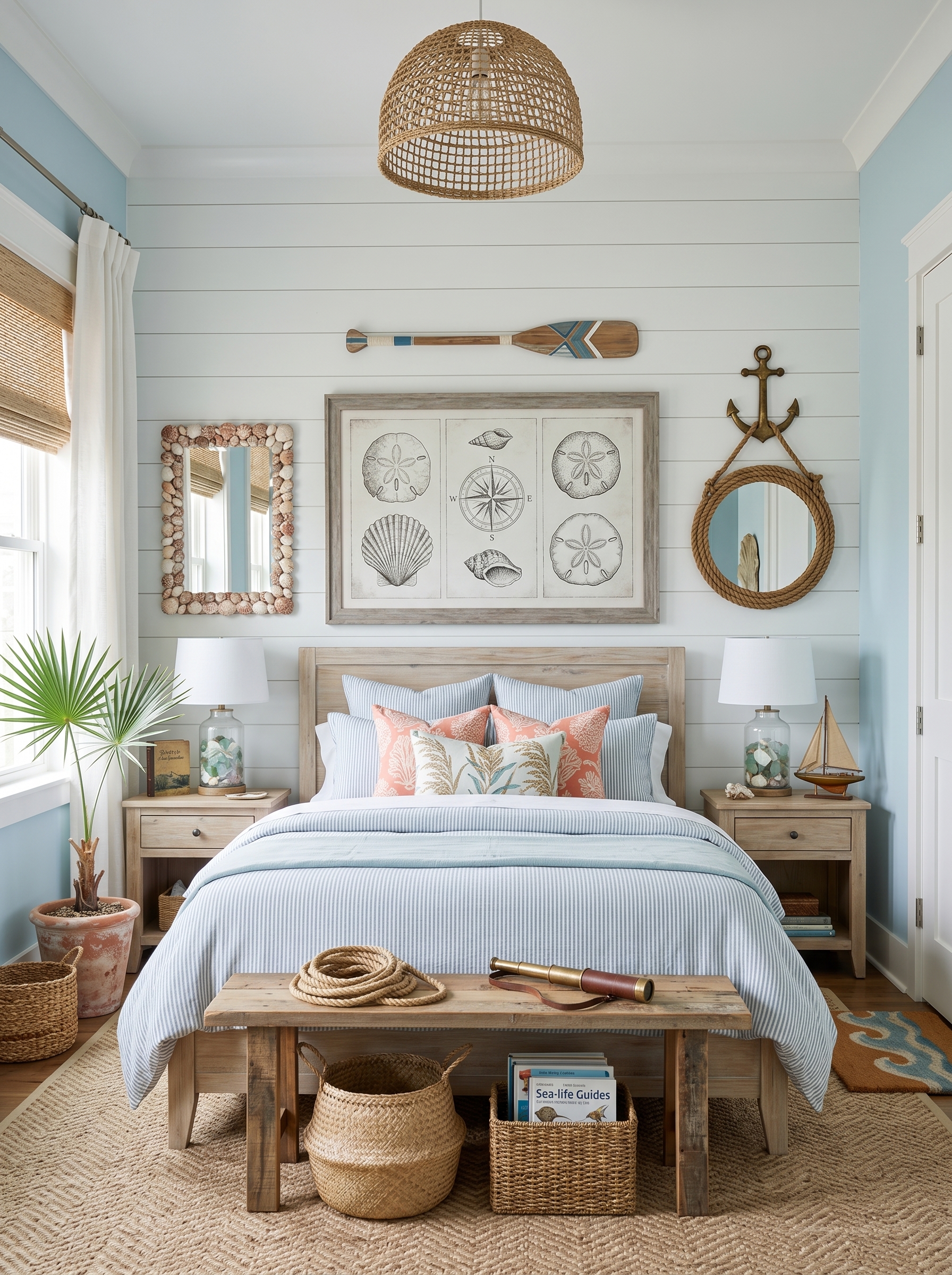 Deep navy coastal bedroom with white bedding, woven chandelier, rattan nightstands, shell wall decor, wood beams, and coral accents
