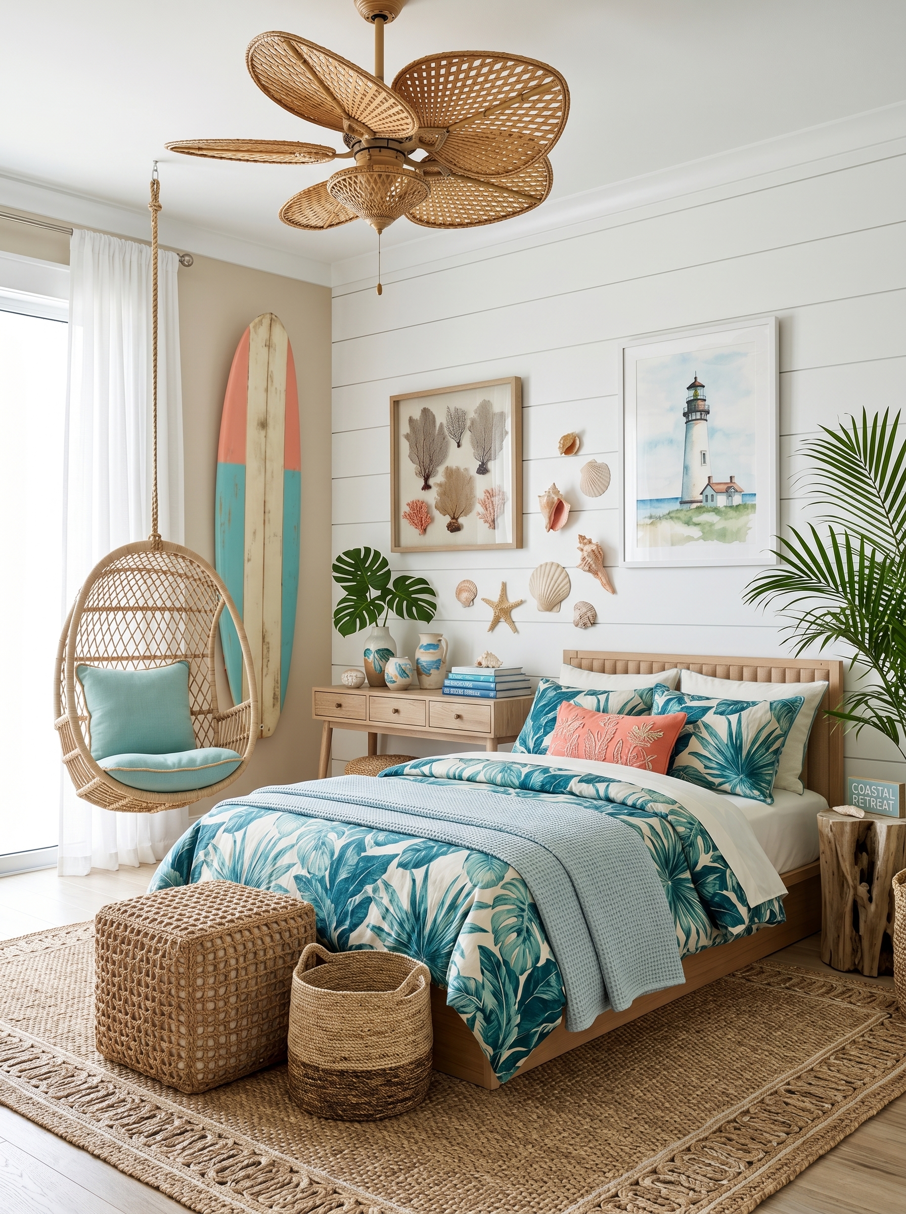 Nautical coastal bedroom with white shiplap, soft blue walls, rope mirror, shell art, paddles, anchor decor, and striped bedding