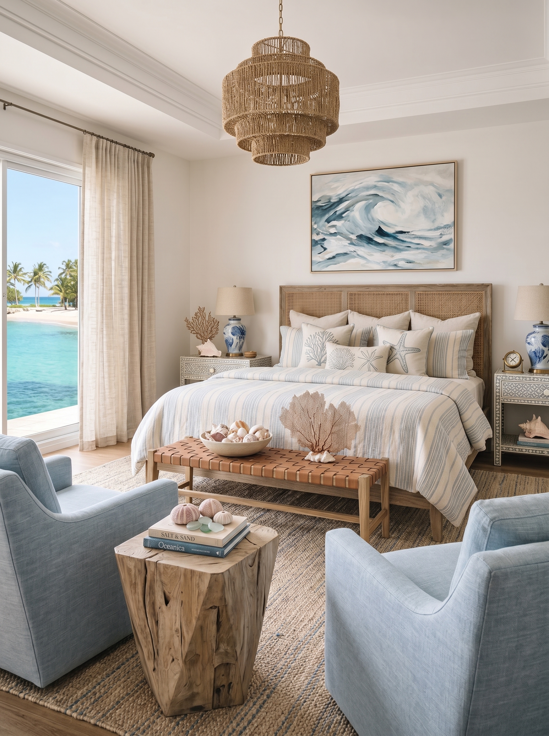 Tropical coastal bedroom with palm print bedding, hanging rattan chair, surfboard decor, shell wall accents, and shiplap walls