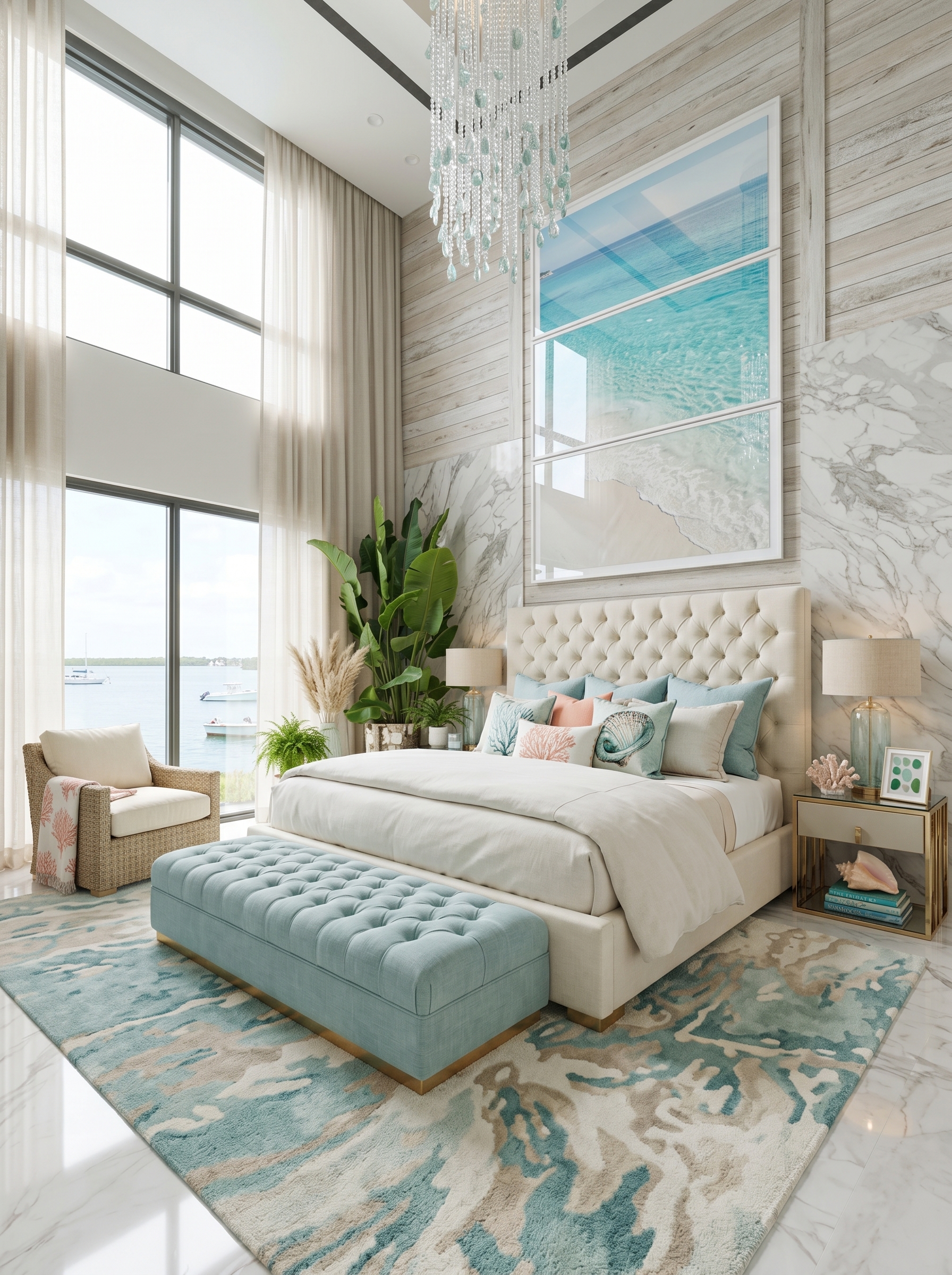 Luxury coastal bedroom with soft blue seating, cane headboard, wave painting, woven chandelier, shell decor, and ocean view