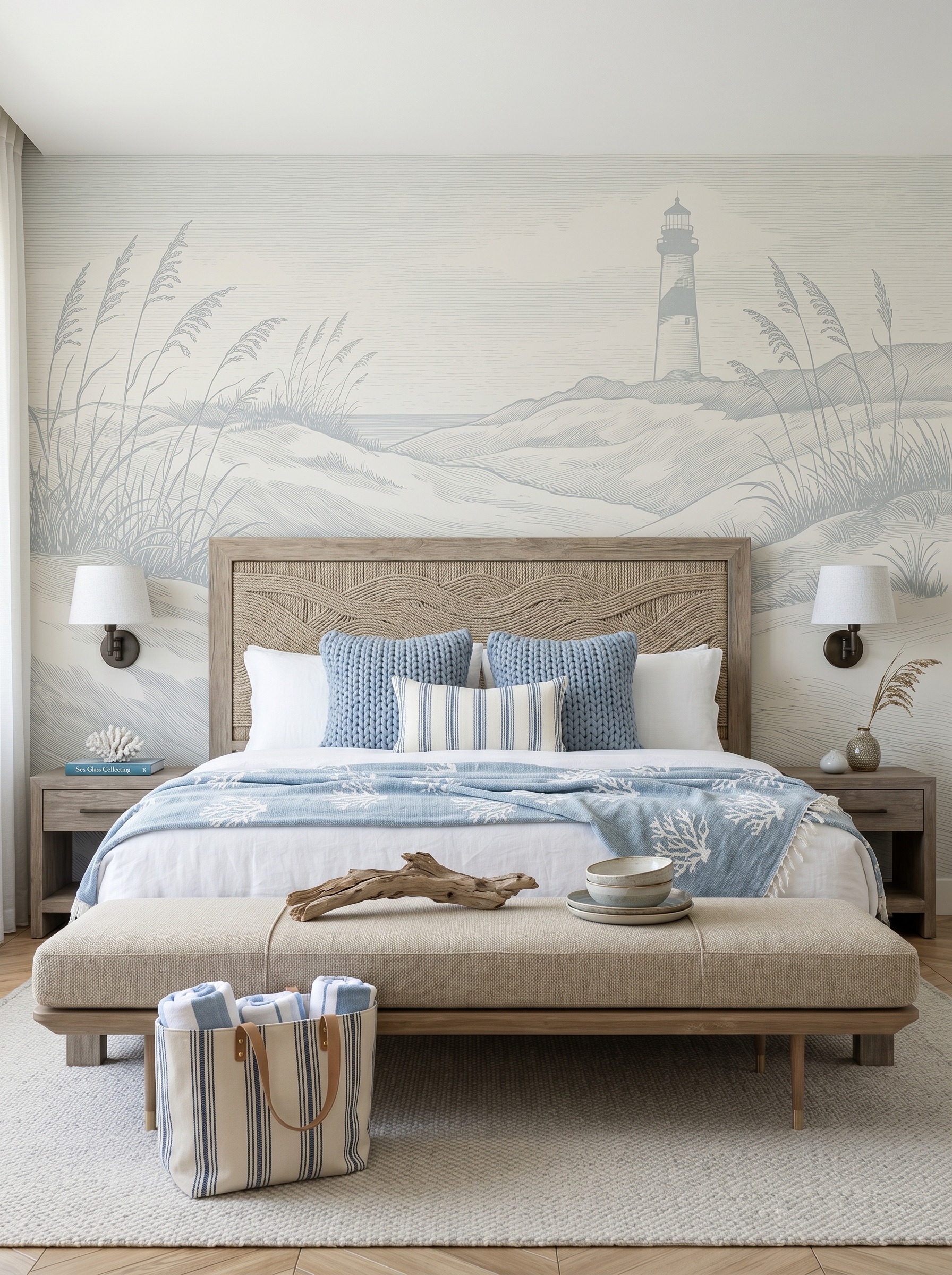 Grand coastal bedroom with marble wall details, aqua accents, tufted cream bed, sea-glass chandelier, beach artwork, and tall windows