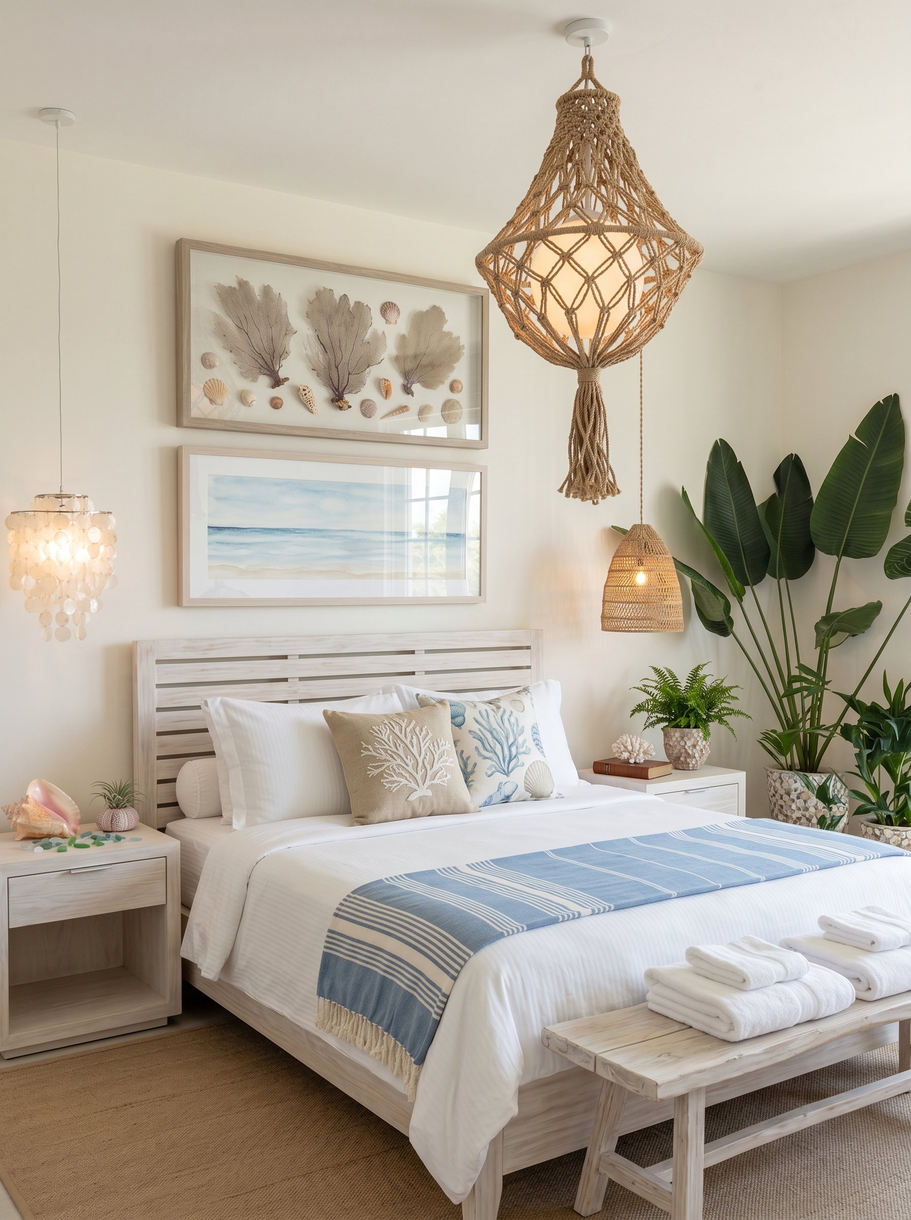 Lighthouse coastal bedroom with wall mural, soft blue bedding, light wood furniture, woven textures, and driftwood decor