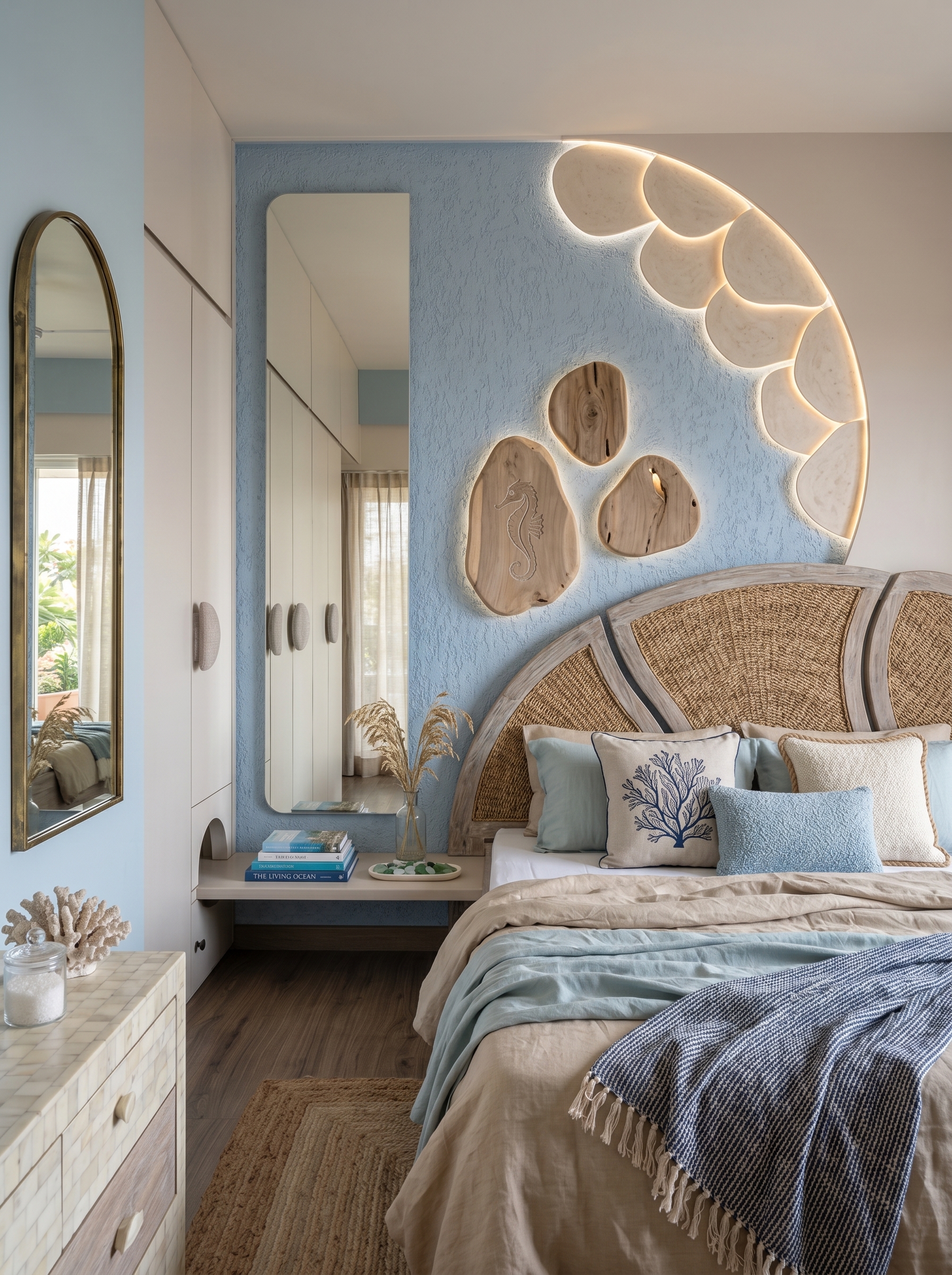 Airy coastal bedroom with white bedding, pale wood furniture, blue striped accents, woven textures, and soft beach decor