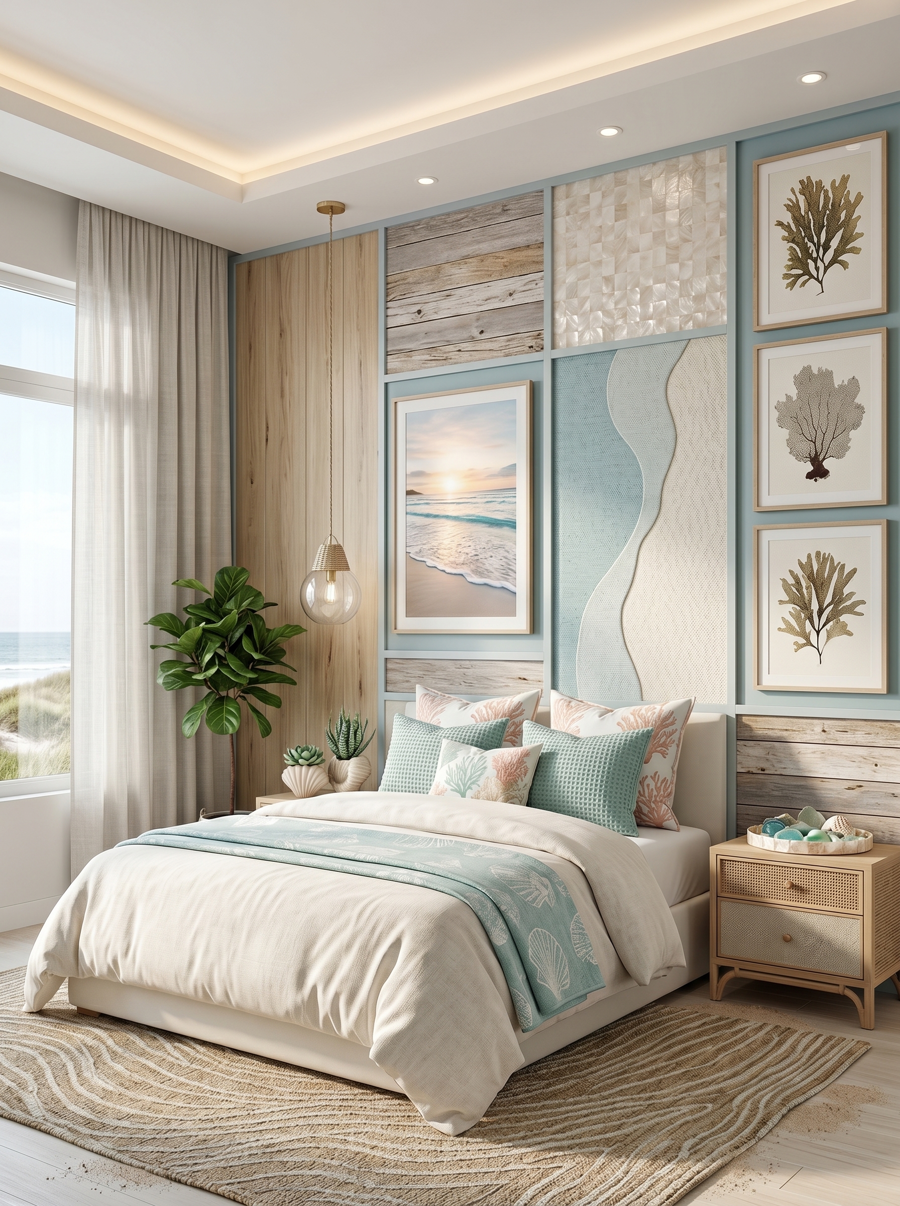 Modern coastal bedroom with shell accent wall, rattan headboard, seahorse decor, blue textured walls, and woven rug