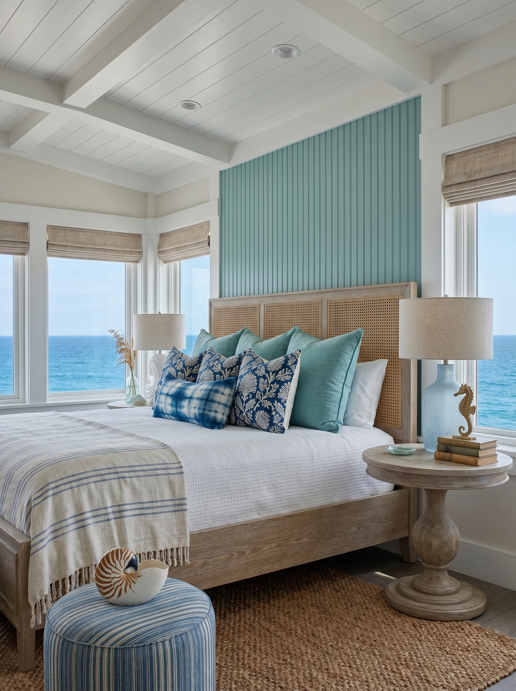 Elegant coastal bedroom with aqua accents, wood panels, shell textures, ocean artwork, turquoise pillows, and wave-pattern rug