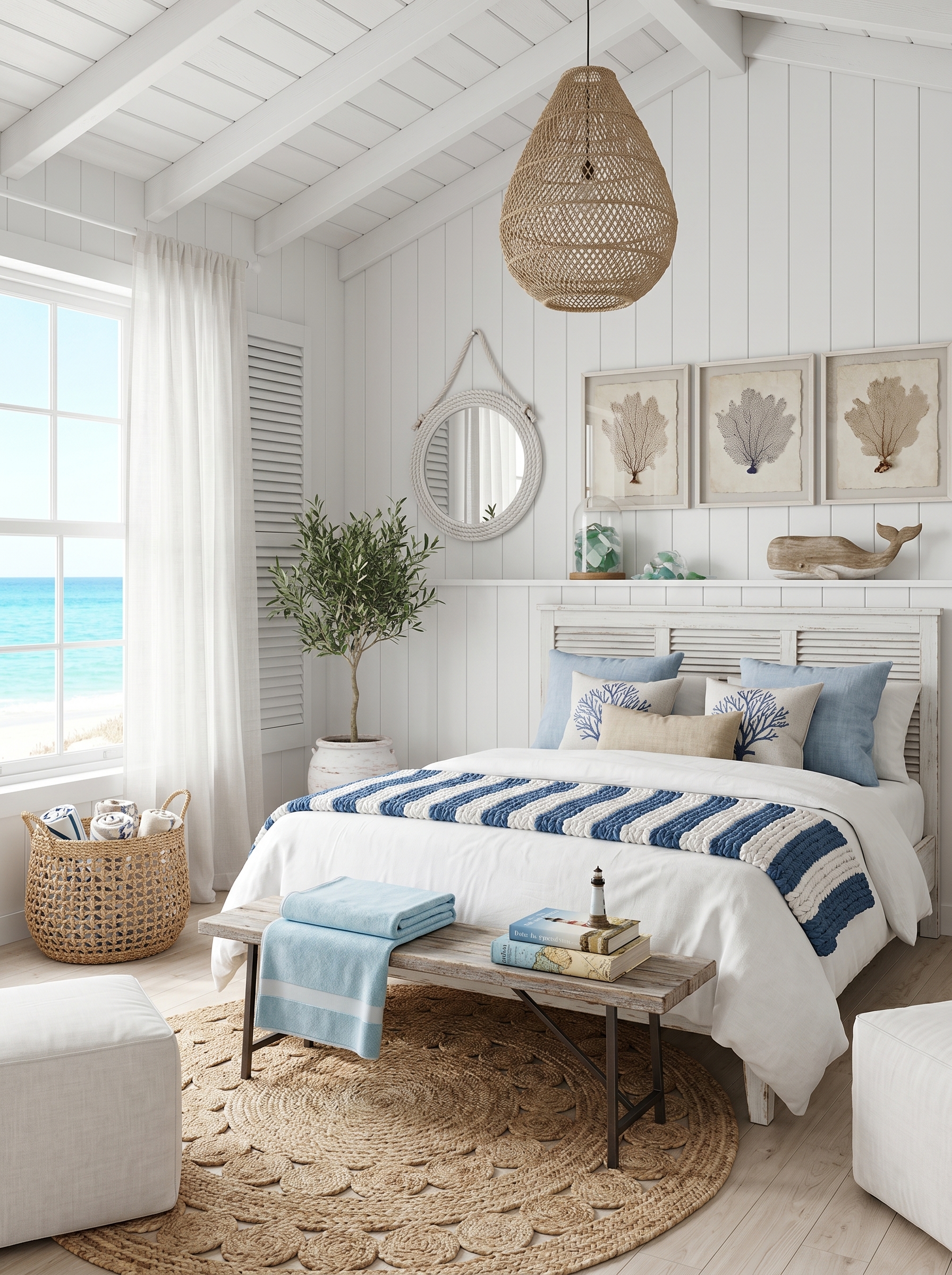 Ocean-view coastal bedroom with aqua paneling, cane furniture, white bedding, teal pillows, roman shades, and shell accents
