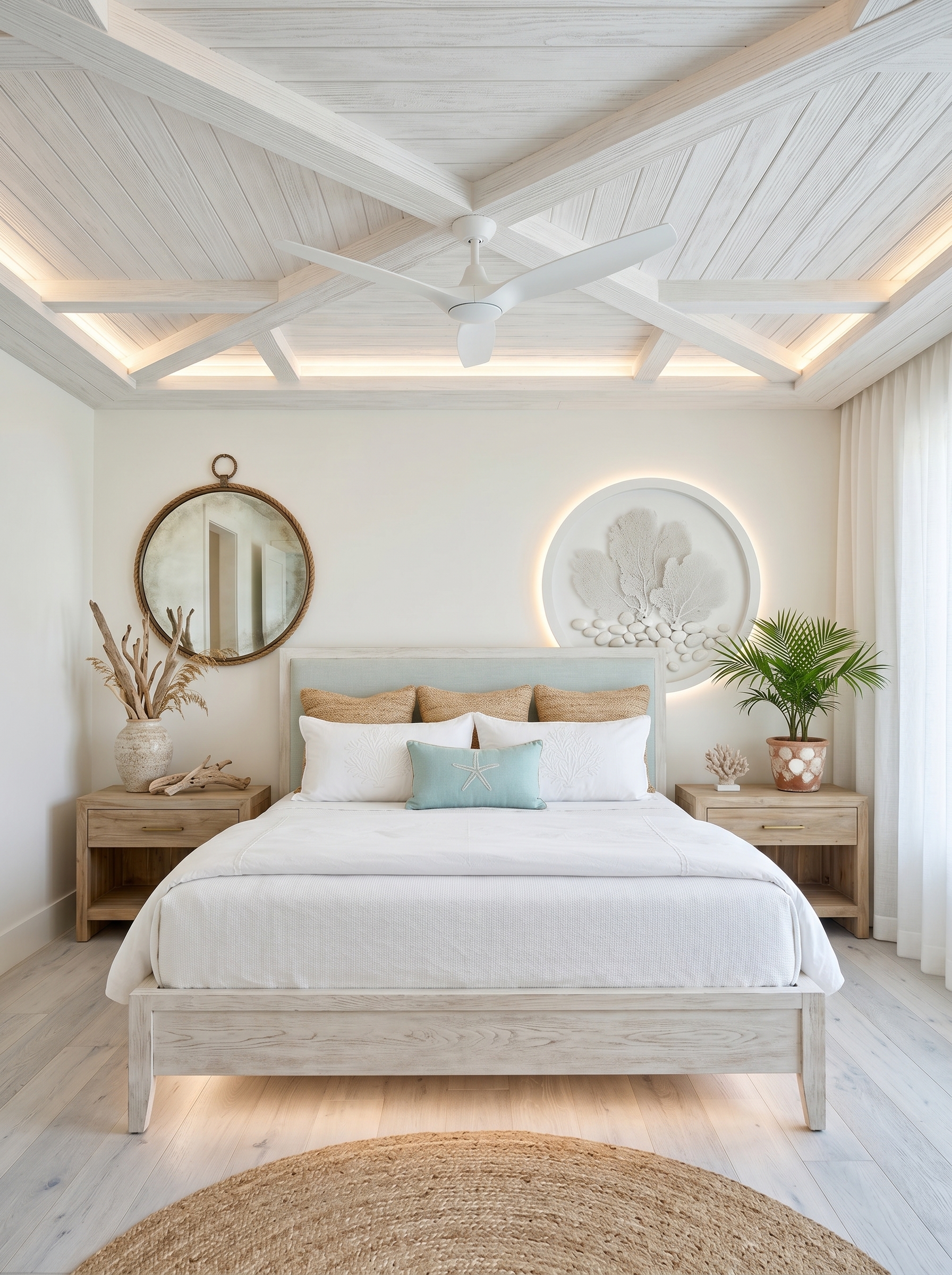 White beach cottage coastal bedroom with shiplap walls, vaulted ceiling, blue bedding accents, rope mirror, shell decor, and jute rug